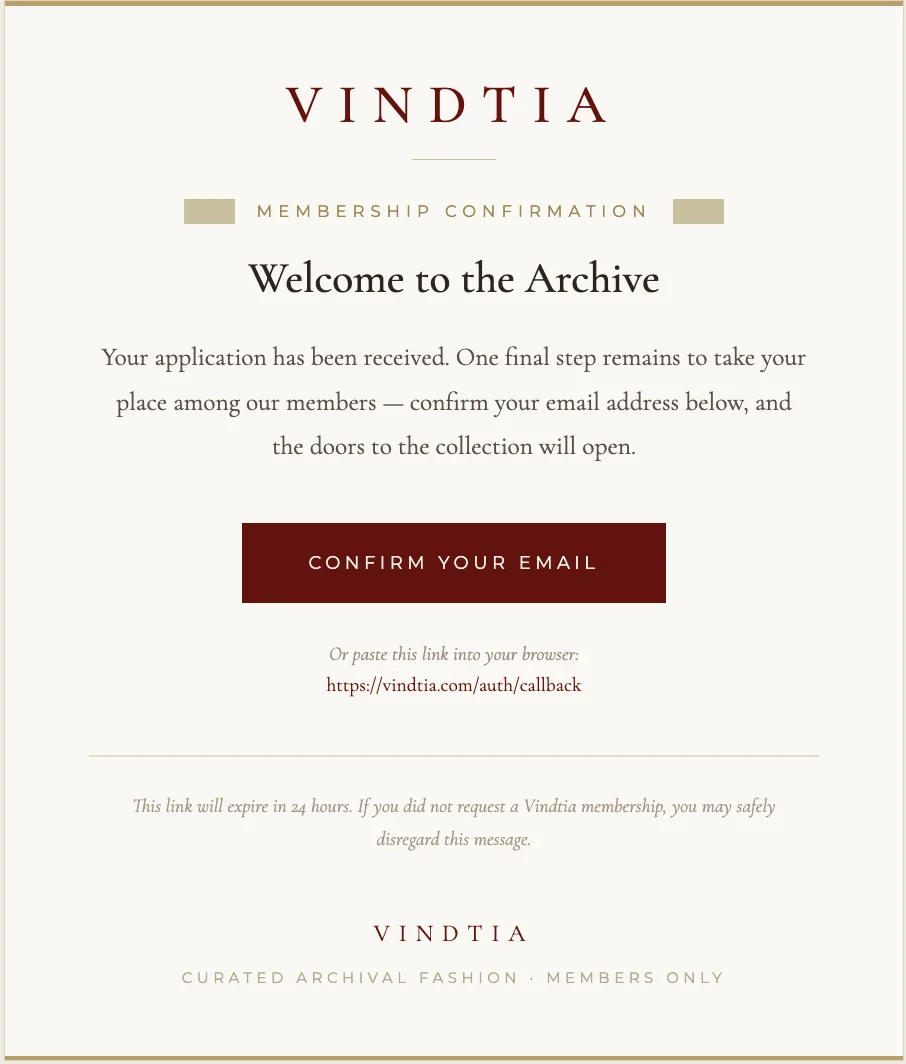 The VINDTIA membership email confirmation screen