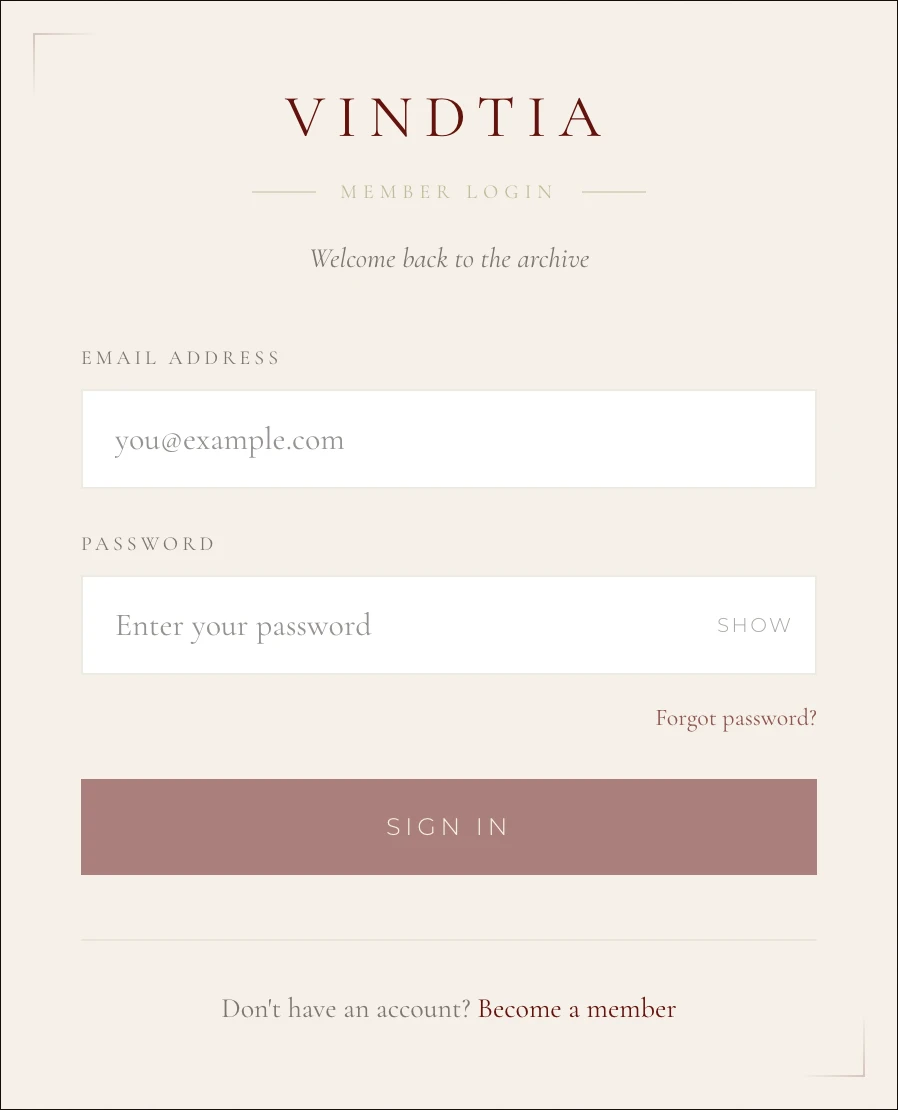 The VINDTIA member login screen