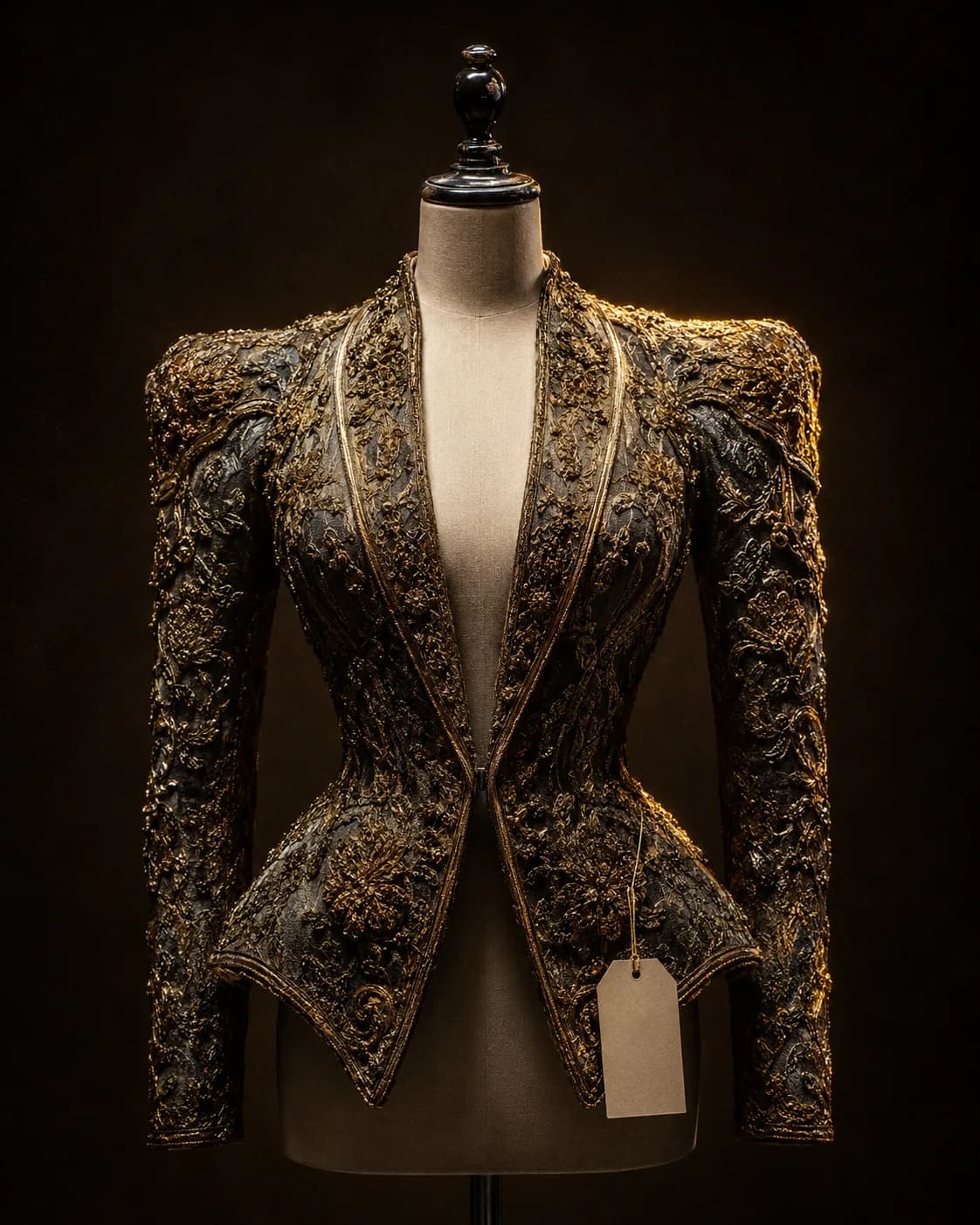 A rare embellished archive jacket displayed on a form under museum lighting