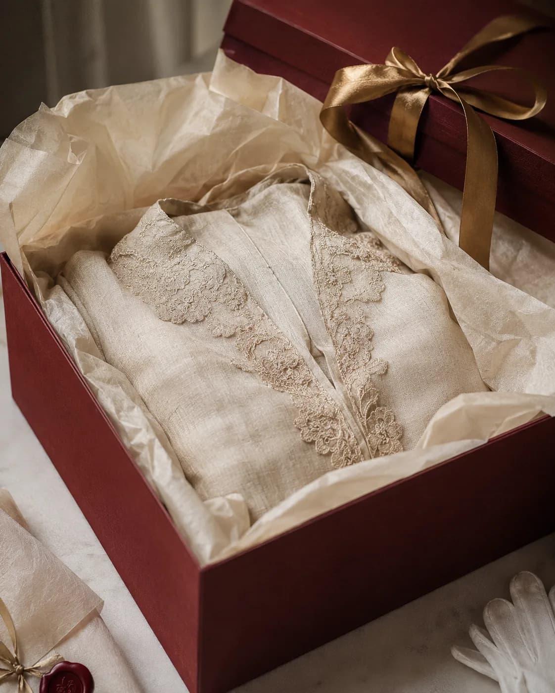 An archive piece packed in tissue within a wine VINDTIA gift box