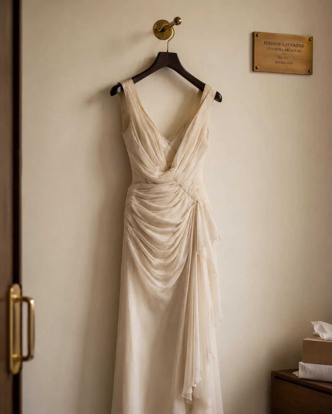 An archival gown preserved on a hanger beside a couture archive plaque