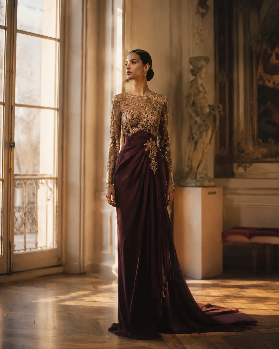 A member wearing an authenticated archive couture gown in a sunlit gallery