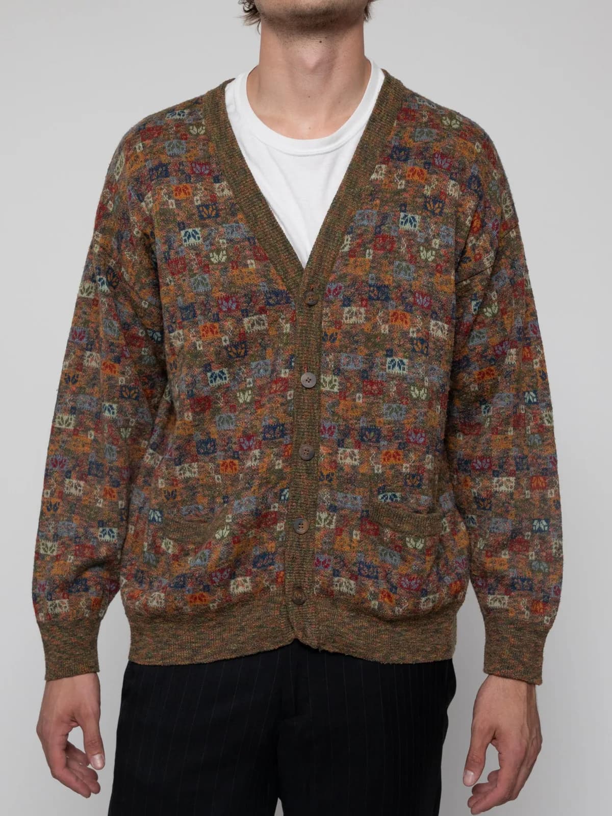 Late 80's brown melange button down cardigan with two front patch pockets - Image 1