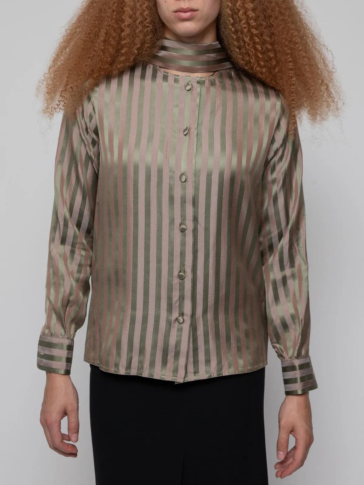 Early 90's silk band collar button down shirt in tone on tone stripes, featuring silk buttons and matching scarf - includes original tags - Image 1