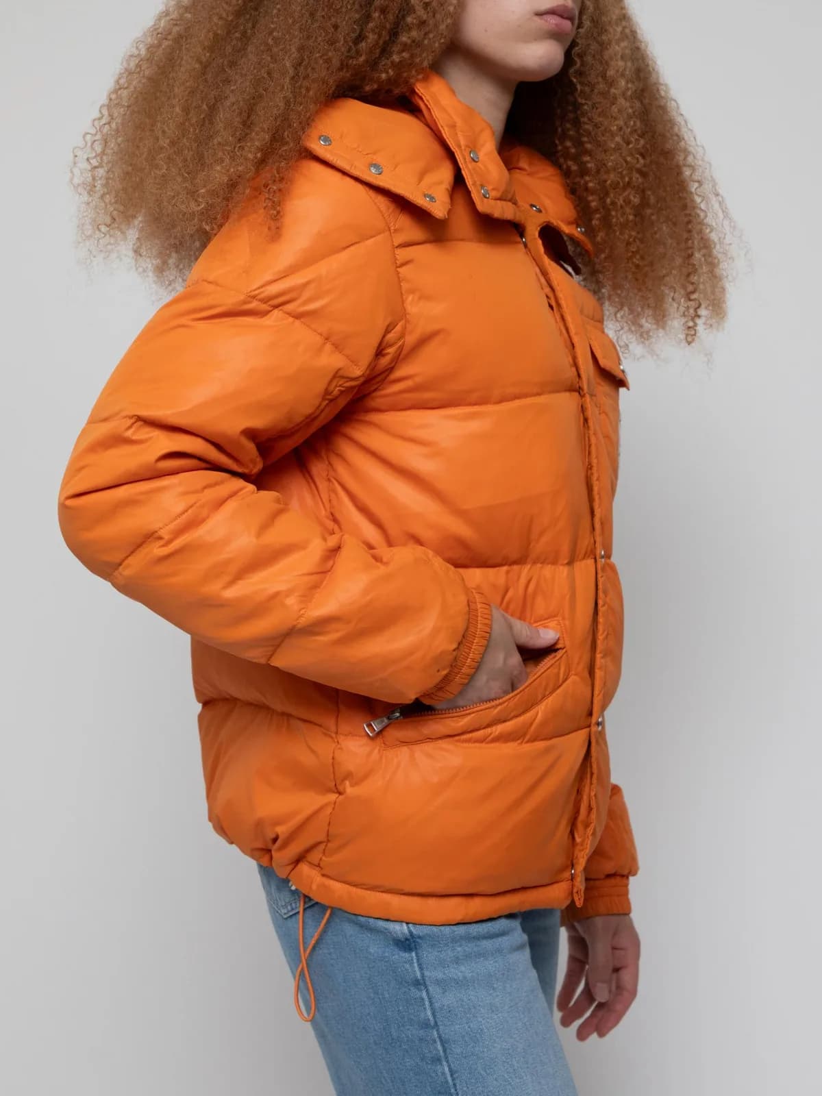 Early 90's classe 1 filled puffer coat in orange with large front chest pocket and Moncler logo patch - Image 1