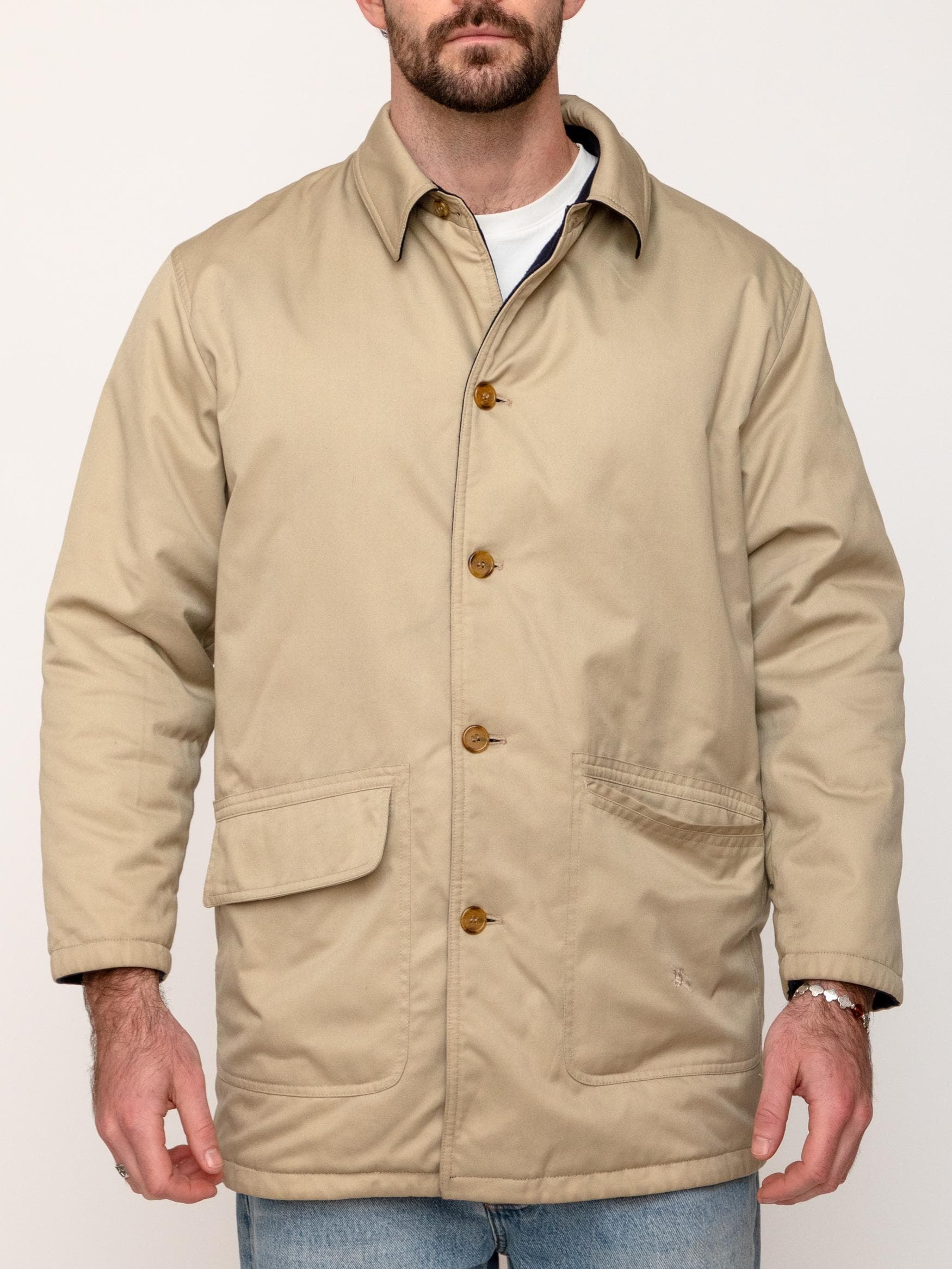 Winter late 90's reversible coat, tan garbadine on one side with navy wool and cashmere on the other - Image 1