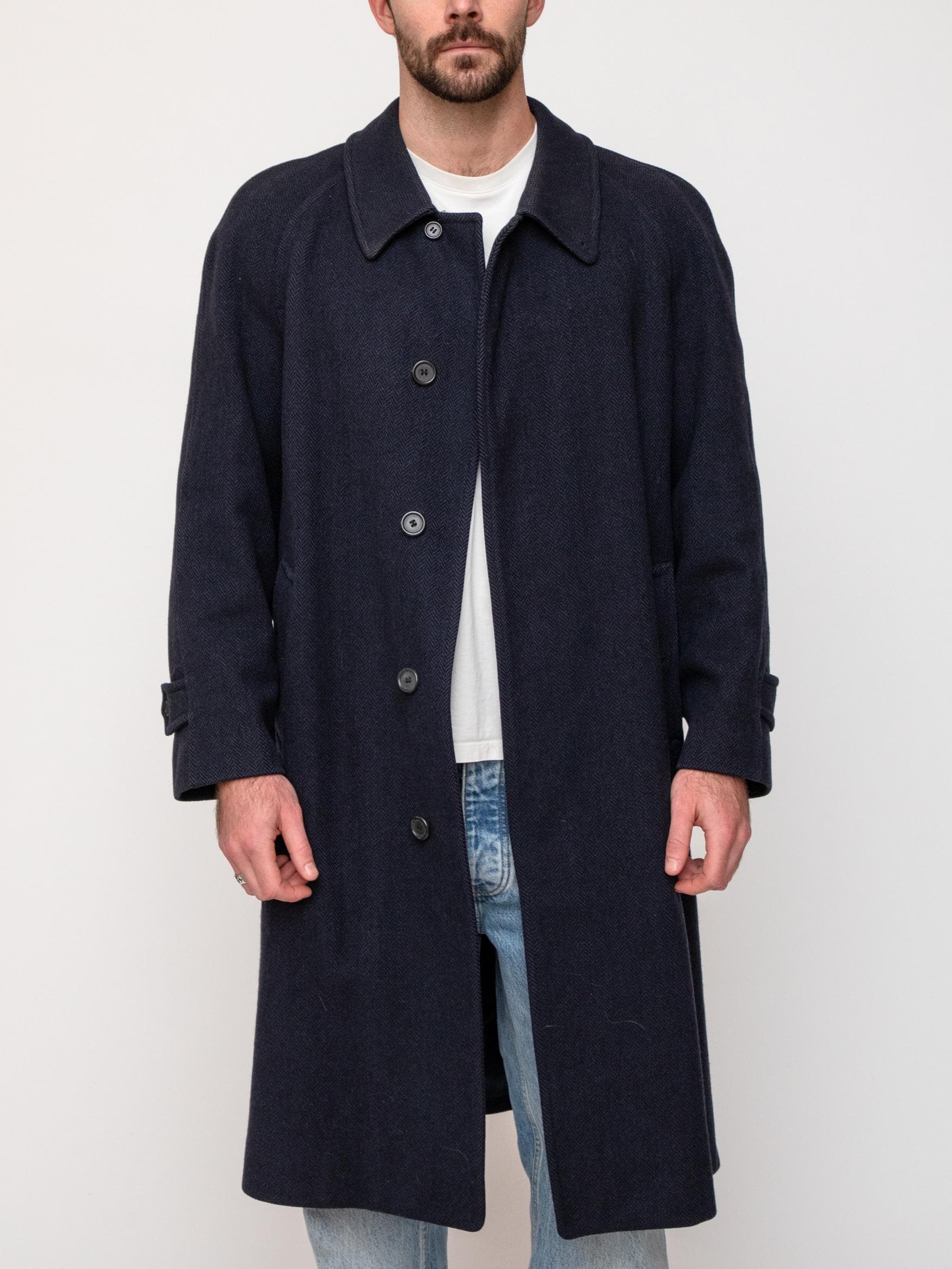 Winter late 90's overcoat in navy herringbone in Scottish Saxony wool, hidden button placard with point collar with storm button - Image 1