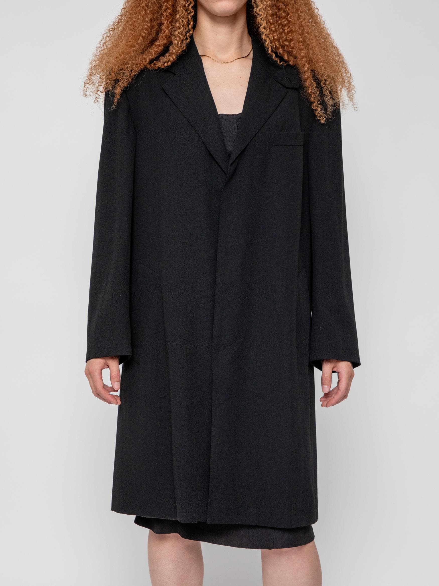 Autumn late 90's black blazer style long jacket with aubergine leather under collar detailing - archival Gaultier menswear, part of the Aeffe Spa collaboration - Image 1