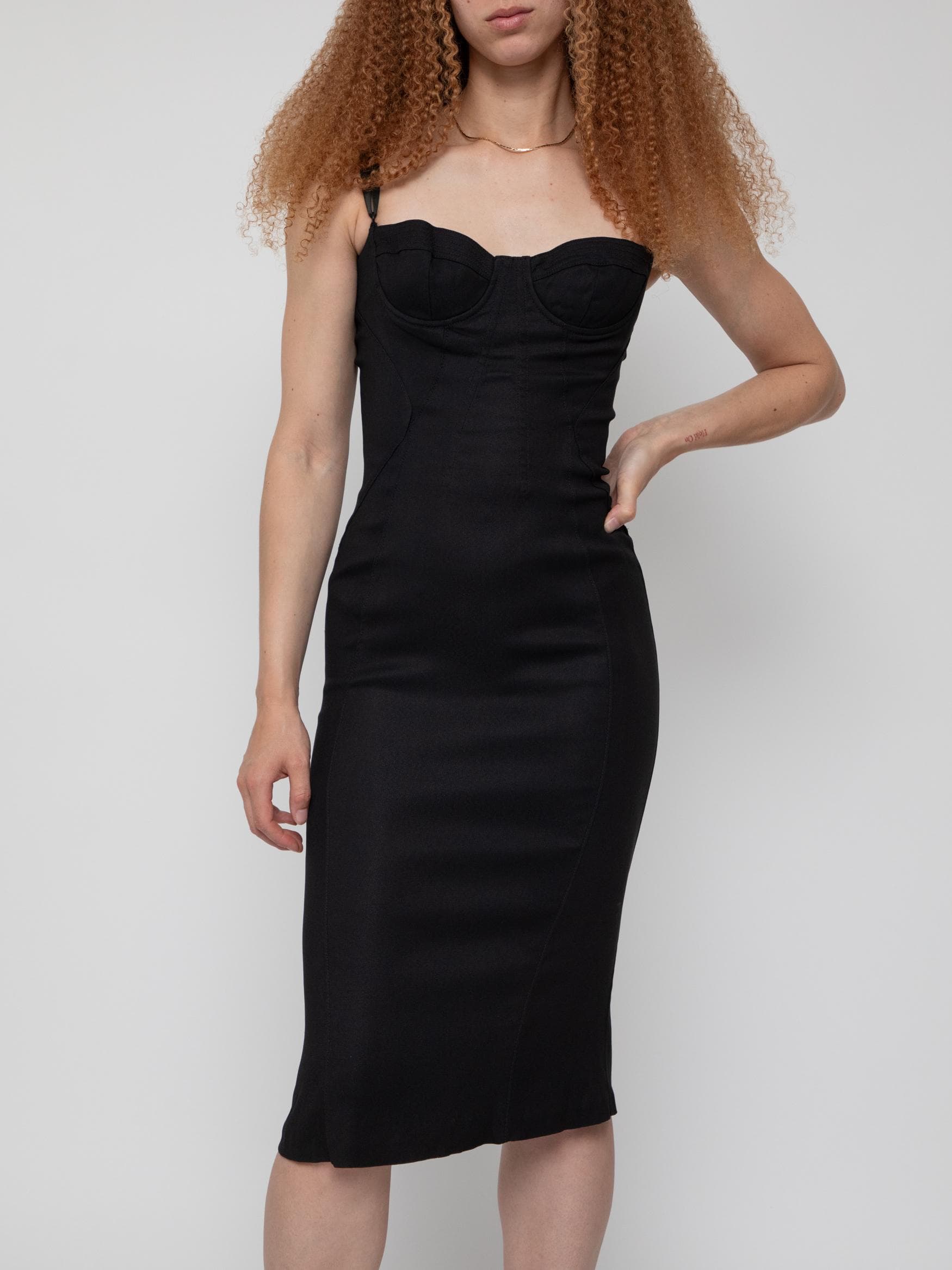 Summer late 90's black bustier corset style midi dress in pique cotton - spaghetti strap - Image 1