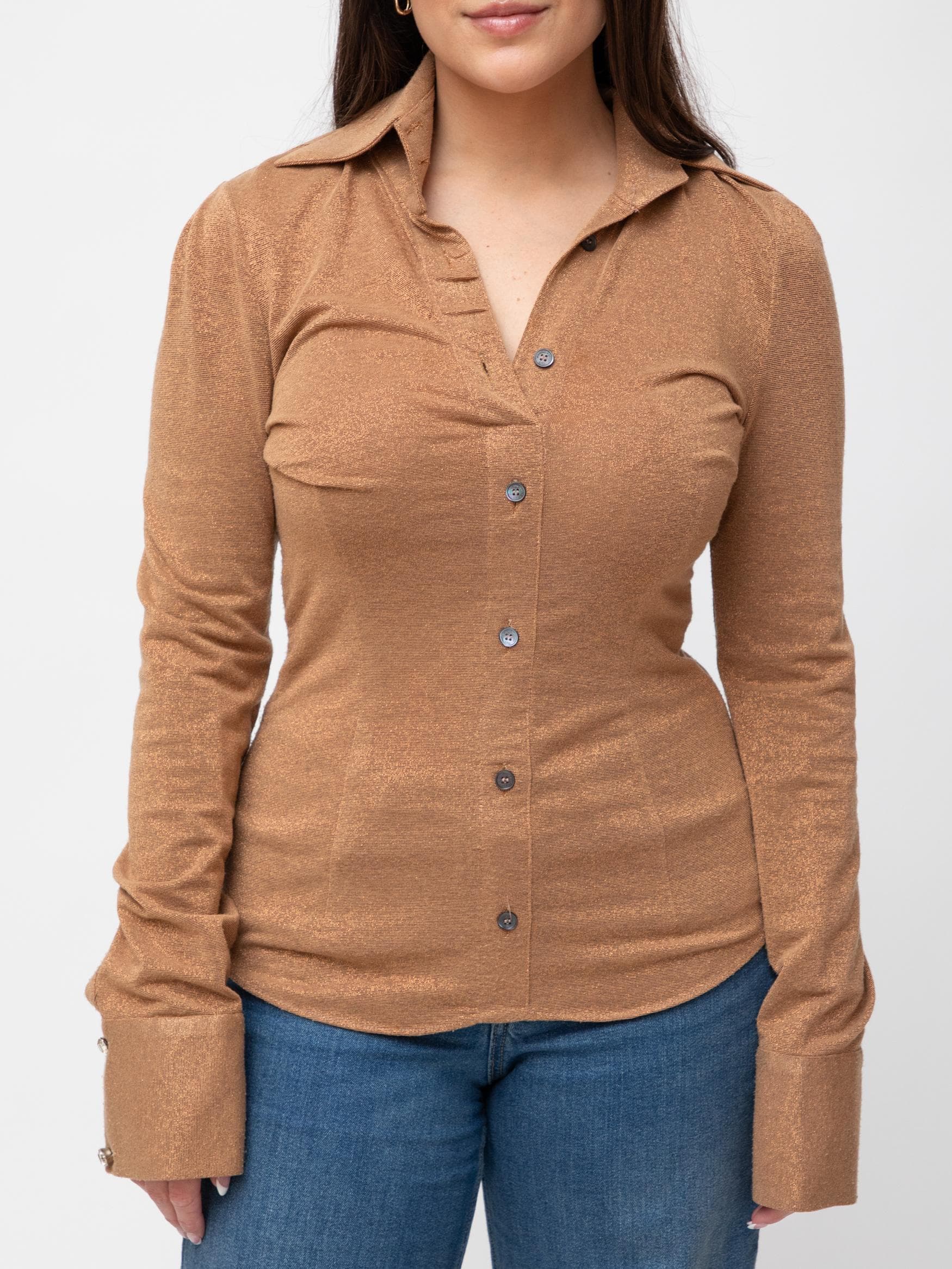 Metallic tan long sleeve point collar polo with diamante cuff detail - Image 1