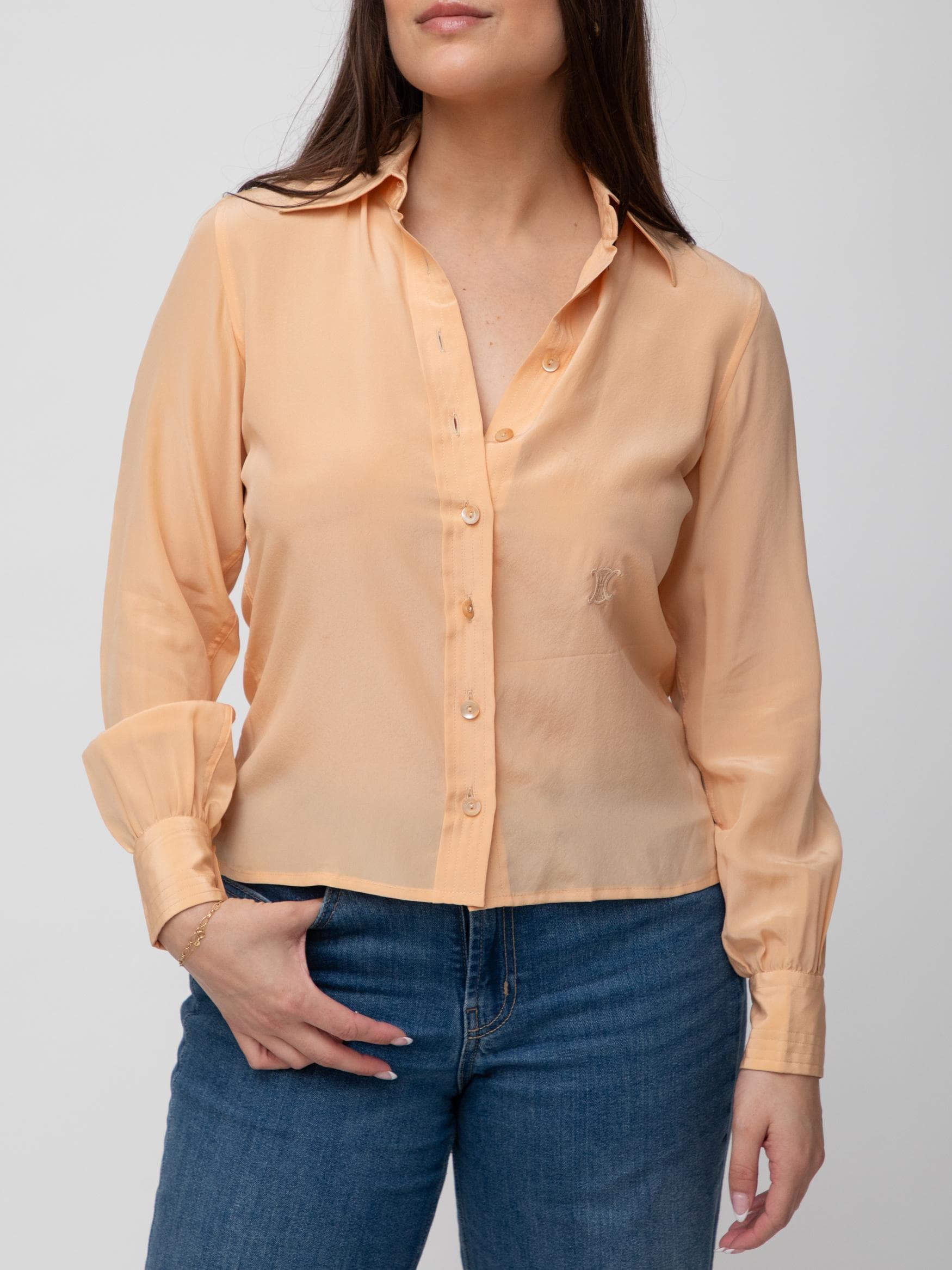 Early 00's semi sheer peach nude silk with tonal logo and pointed collar - Image 1