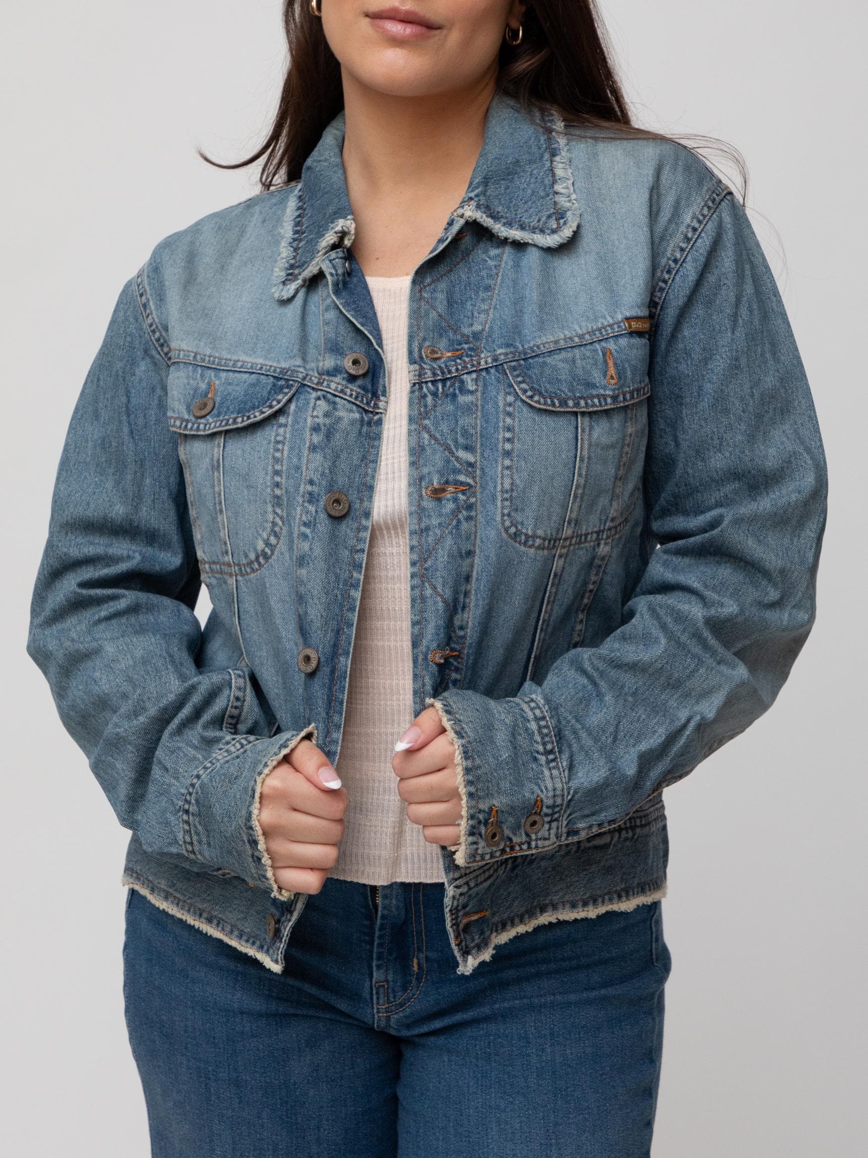00's denim jacket with frayed collar and edges and "Denim JKT" embroidered on the back - Image 1