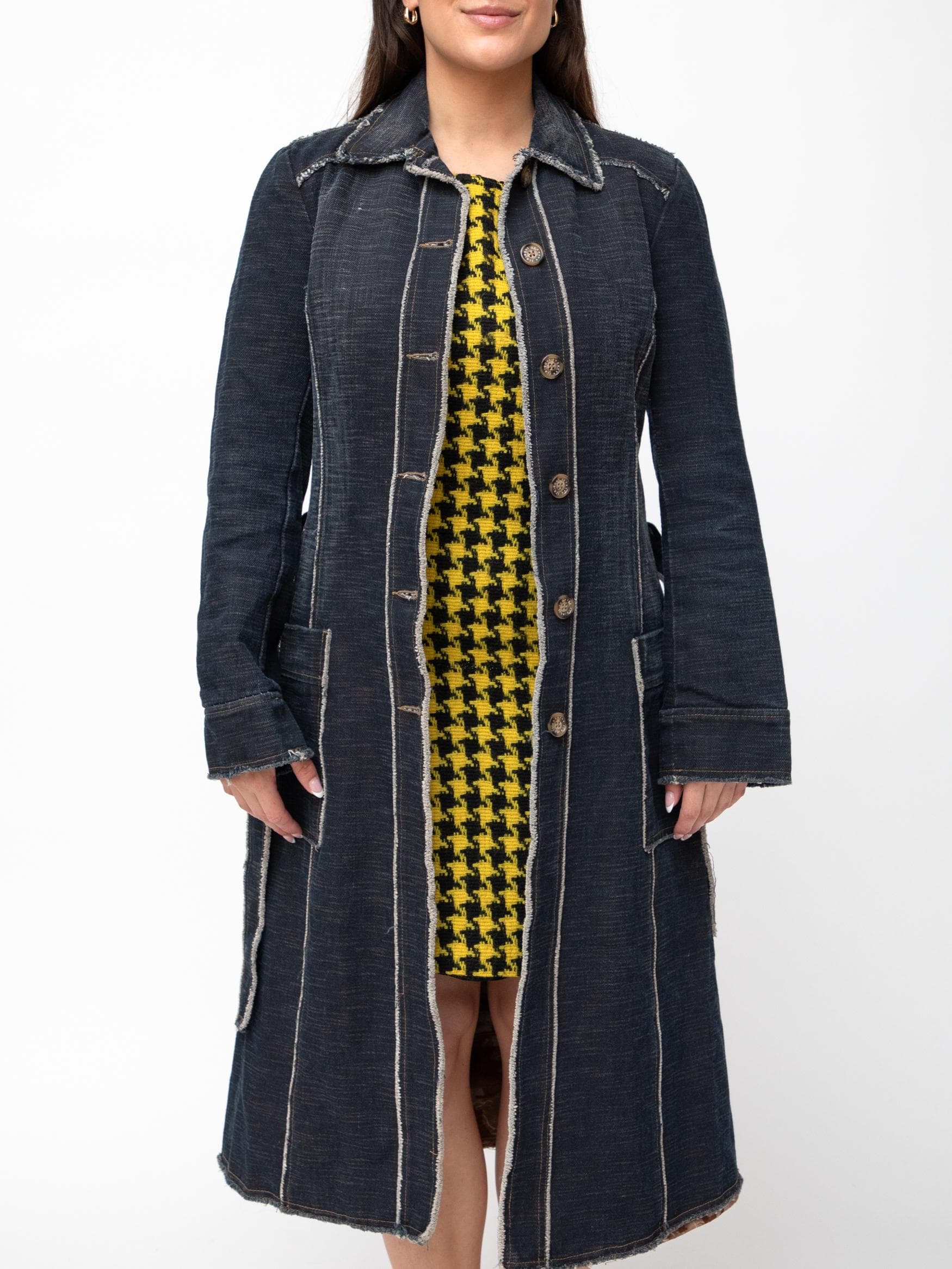 00's denim belter car coat with frayed collar and edges - Image 1