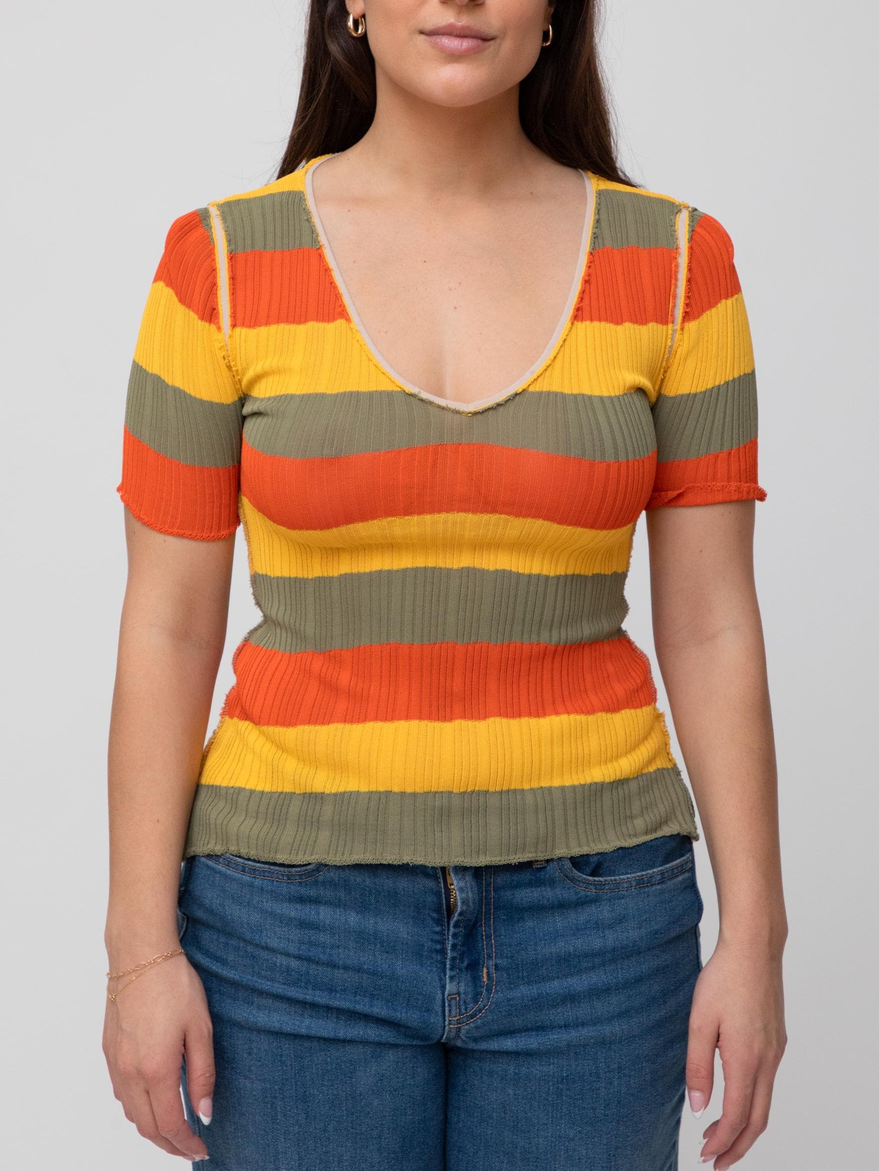00's sheer v neck short sleeve horizontal stripe with raw edge detail - Image 1