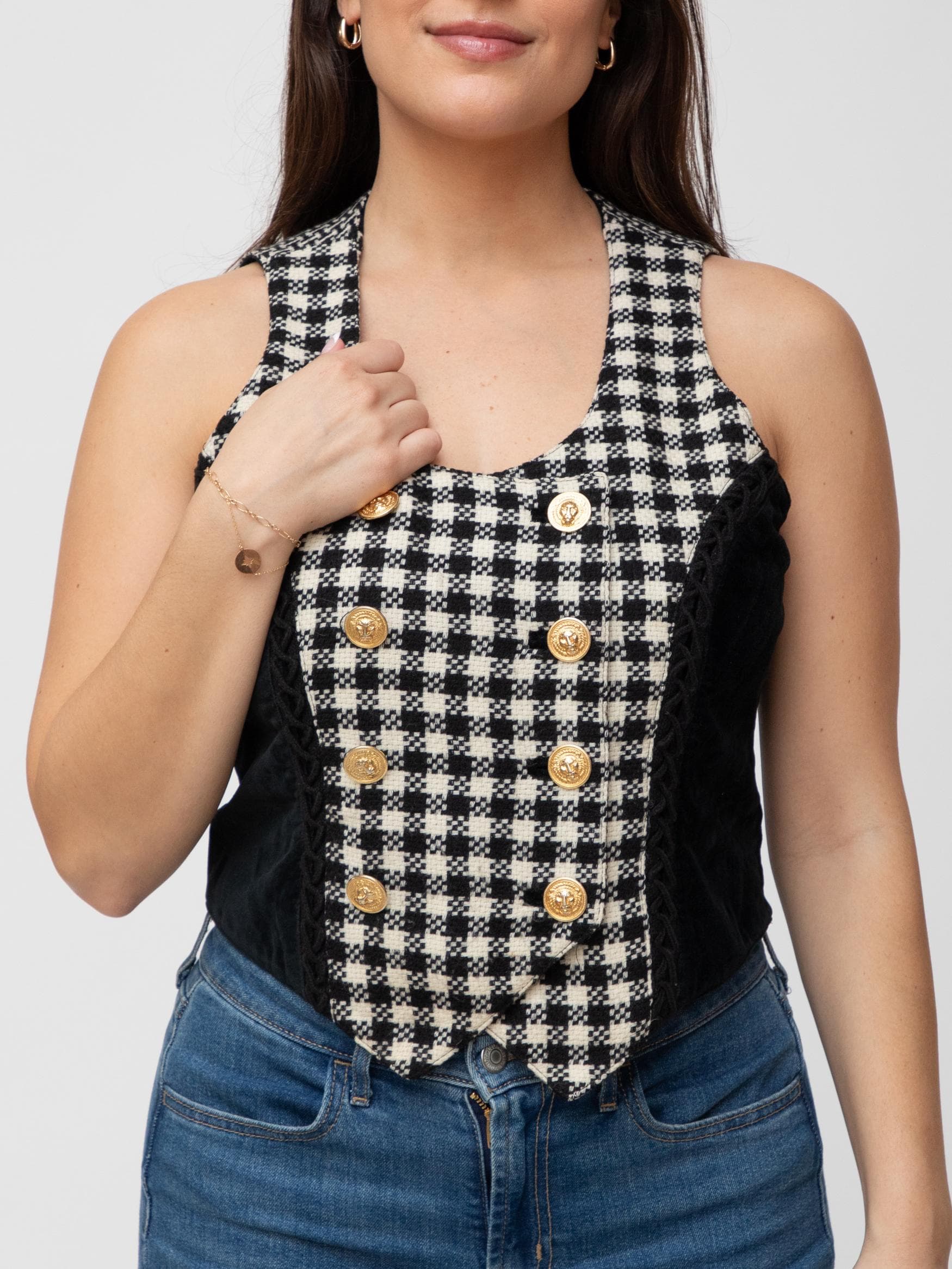 90's double breasted tweed and velvet waistcoat with embossed medusa functioning buttons - Image 1