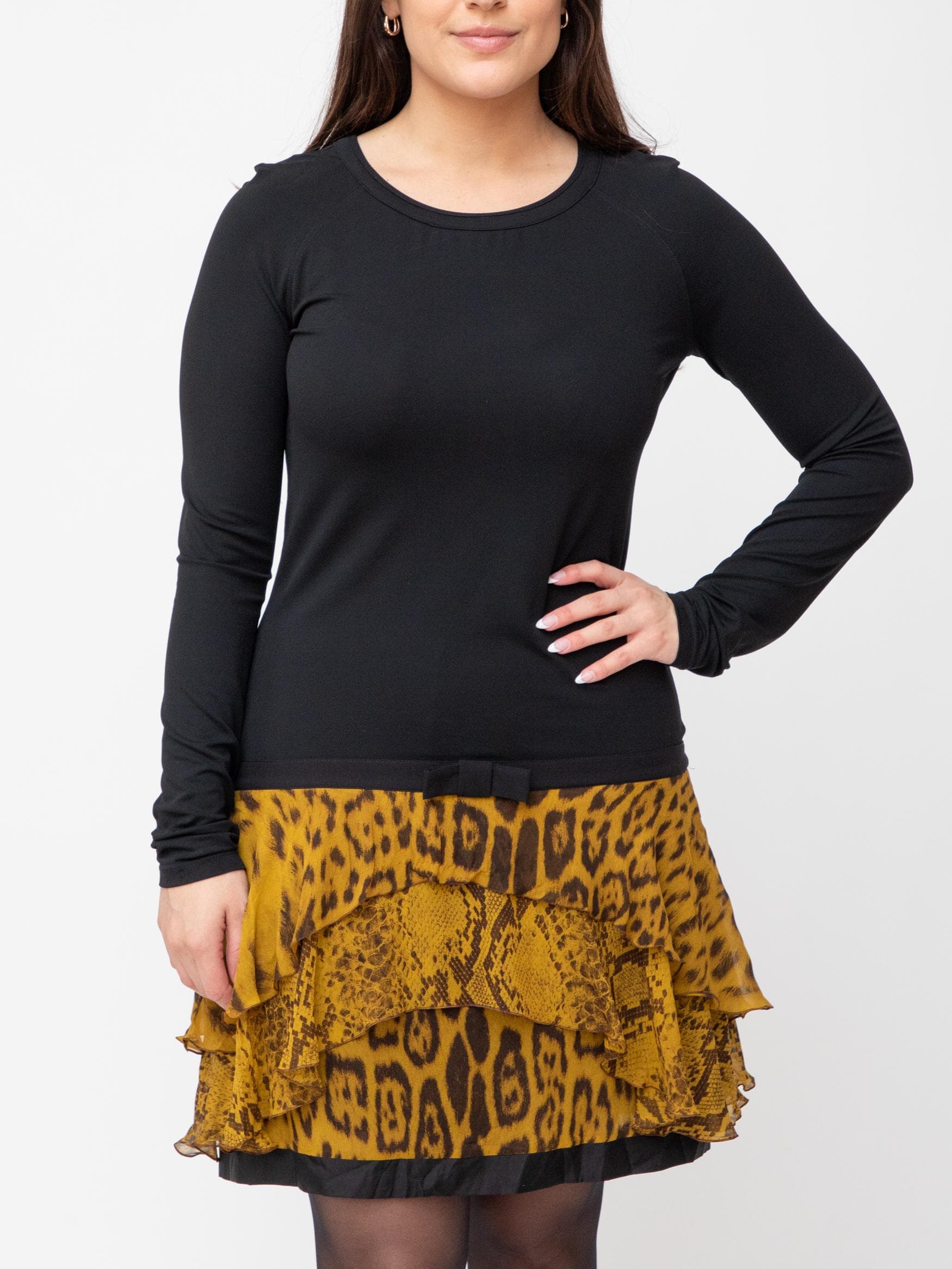 Black and animal print silk and jersey long sleeve dress with drop waist dress - Image 1