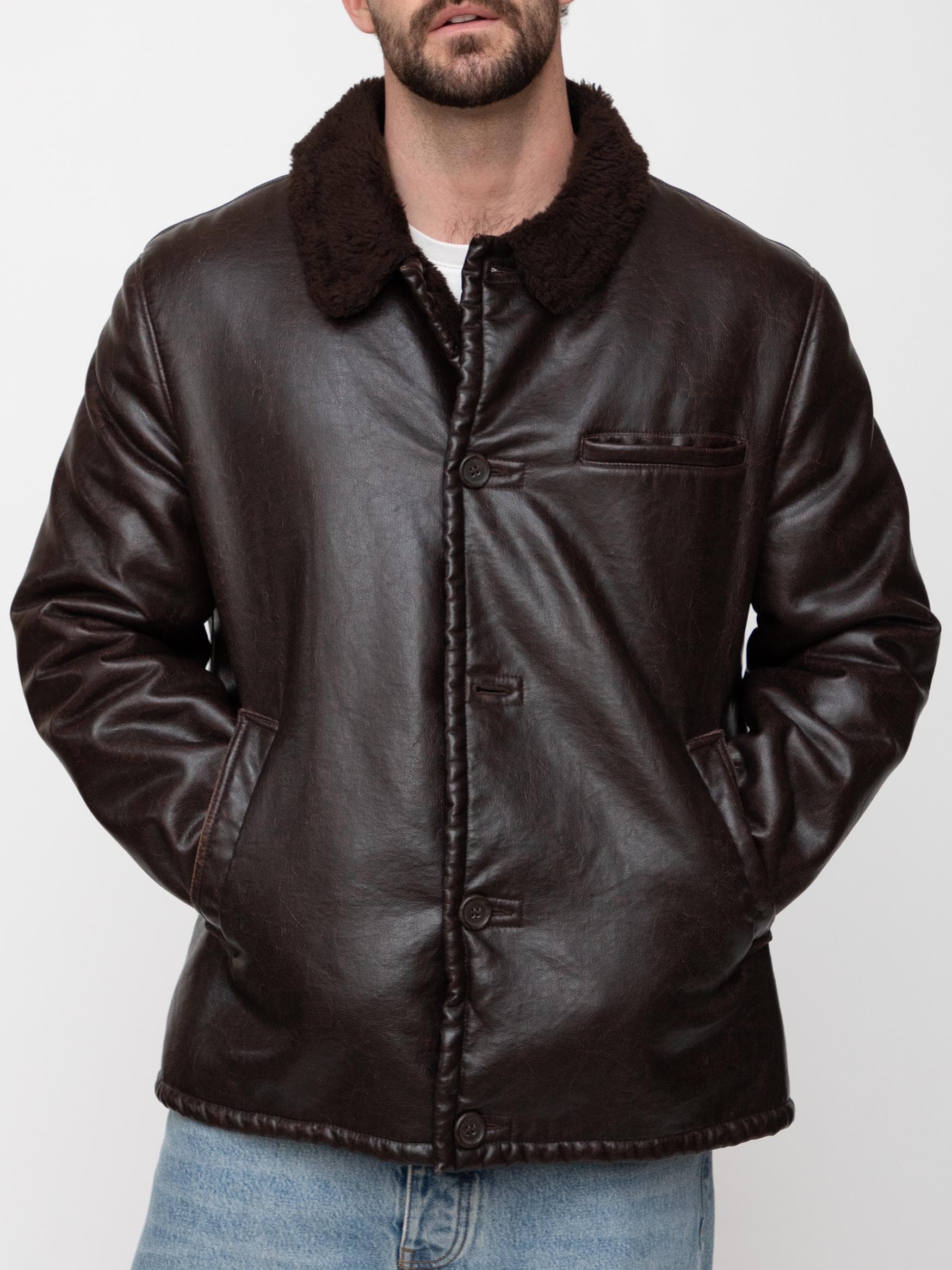 Dark chocolate brown sherling collar armani jeans faux leather bomber jacket - Image 1