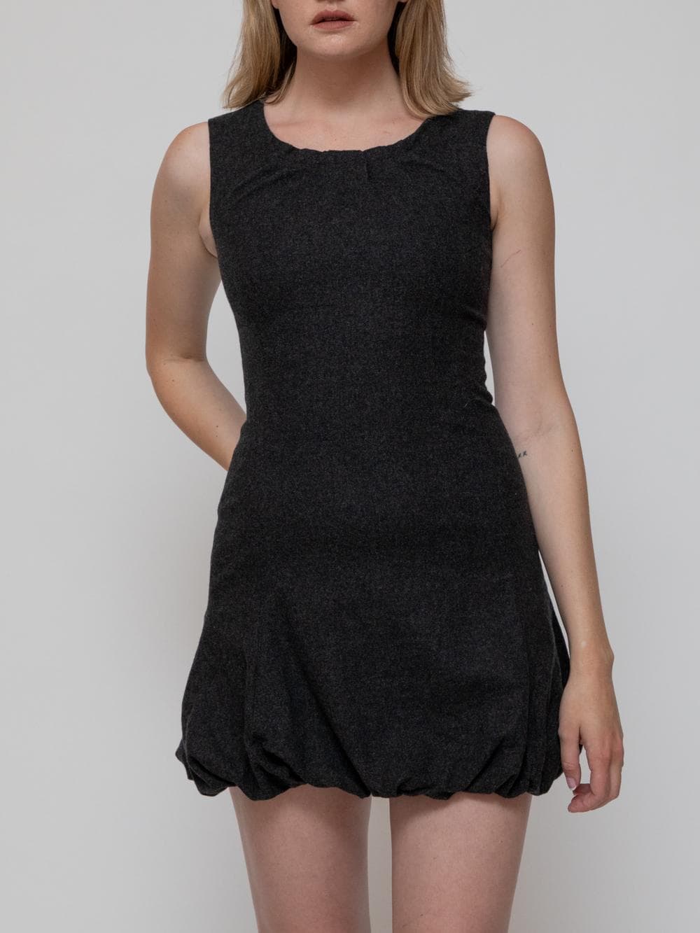 Winter mid 00's wool bubble hem parachute dress lined grey mini dress round neck sleeveless - Image 1