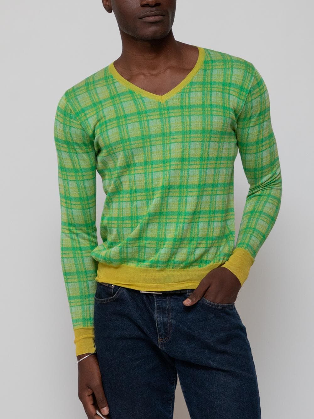 Spring early 00's silk neon green burberry check v-neck sweater with ruffled hem and cuffs - Image 1