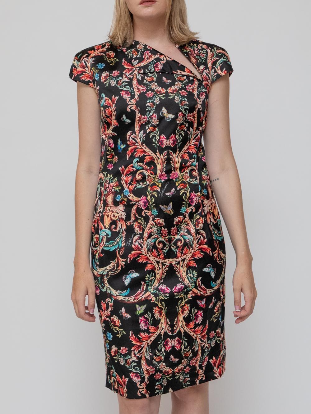 Summer mid 00's sleeveless dress in black and gold with integrated "Just Cavalli" signatures amongst classic baroque motifs with modern floral and butterfly elements - Image 1