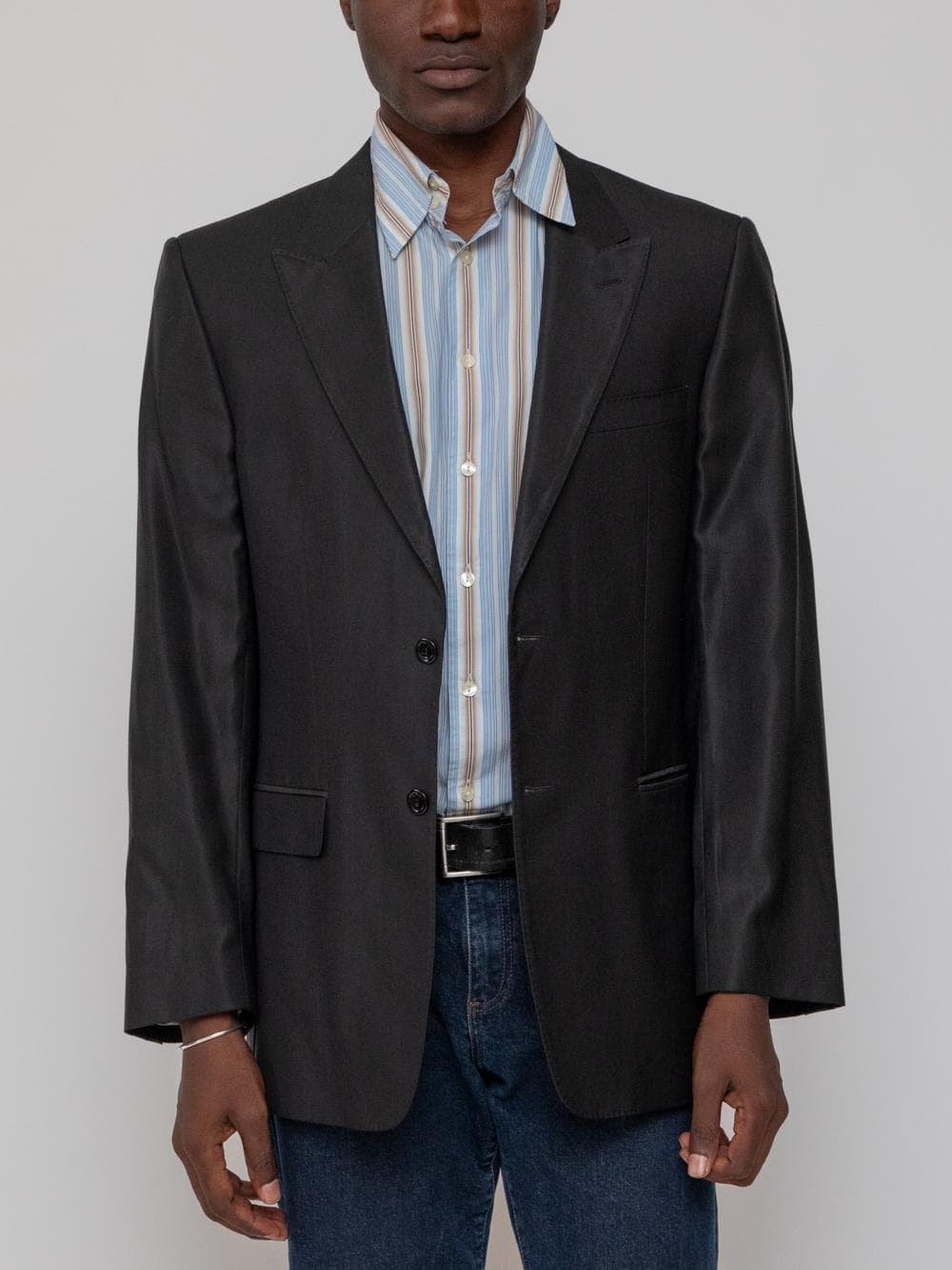 Spring early 10's peak lapel two button flap pocket suit jacket in black, part of the "city" line style - Image 1