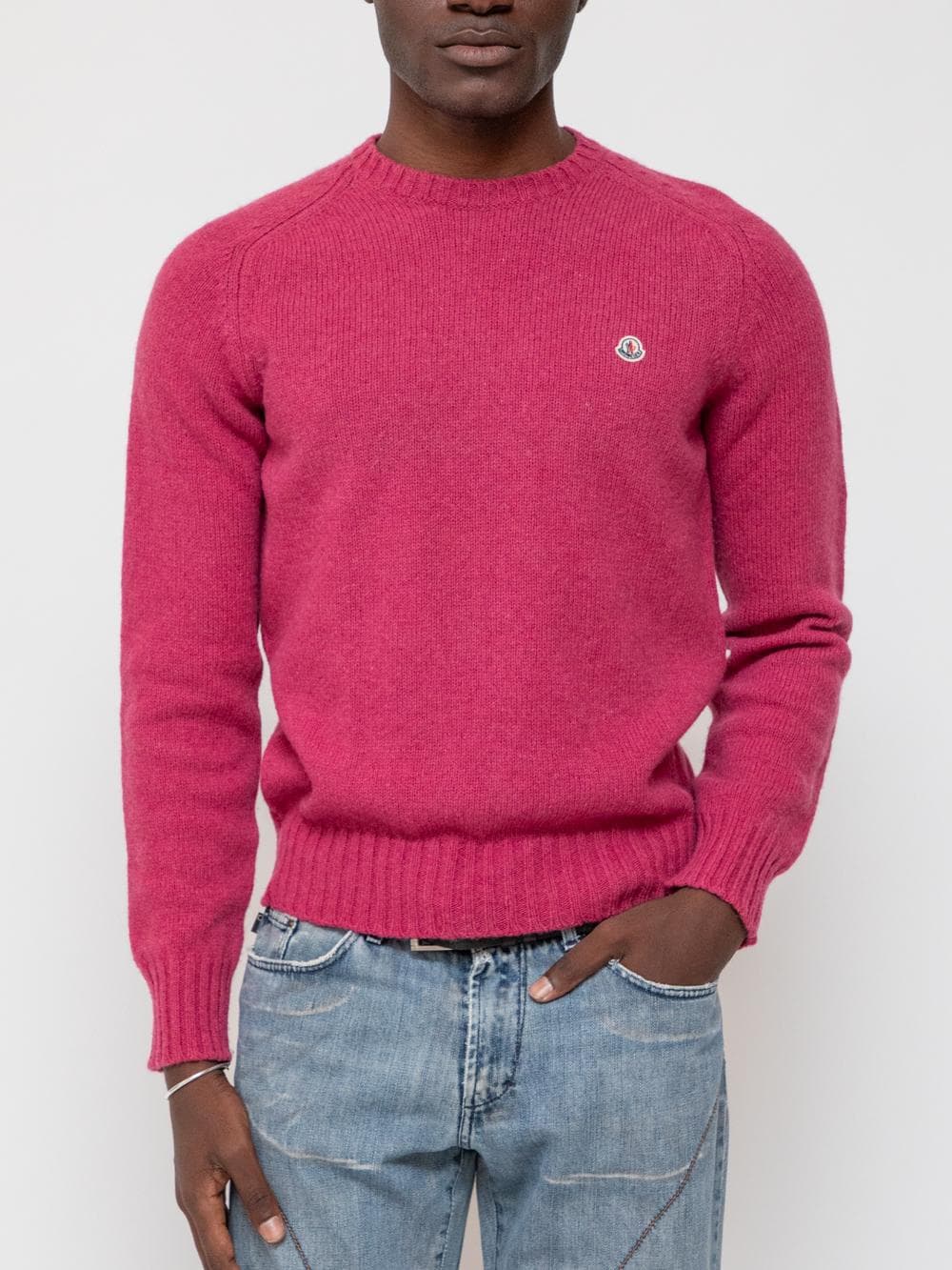 Autumn early 00's medium pink wool round neck sweater with embroidered logo on the chest - Image 1