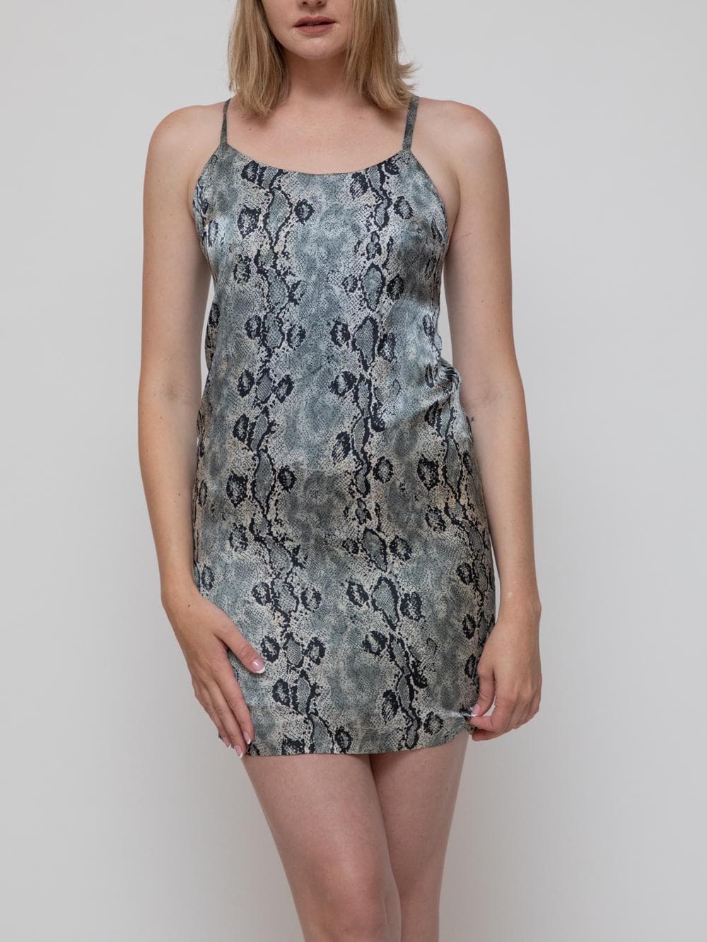 Summer early 90's grey snakeskin print spaghetti strap cross back mini dress - Image 1