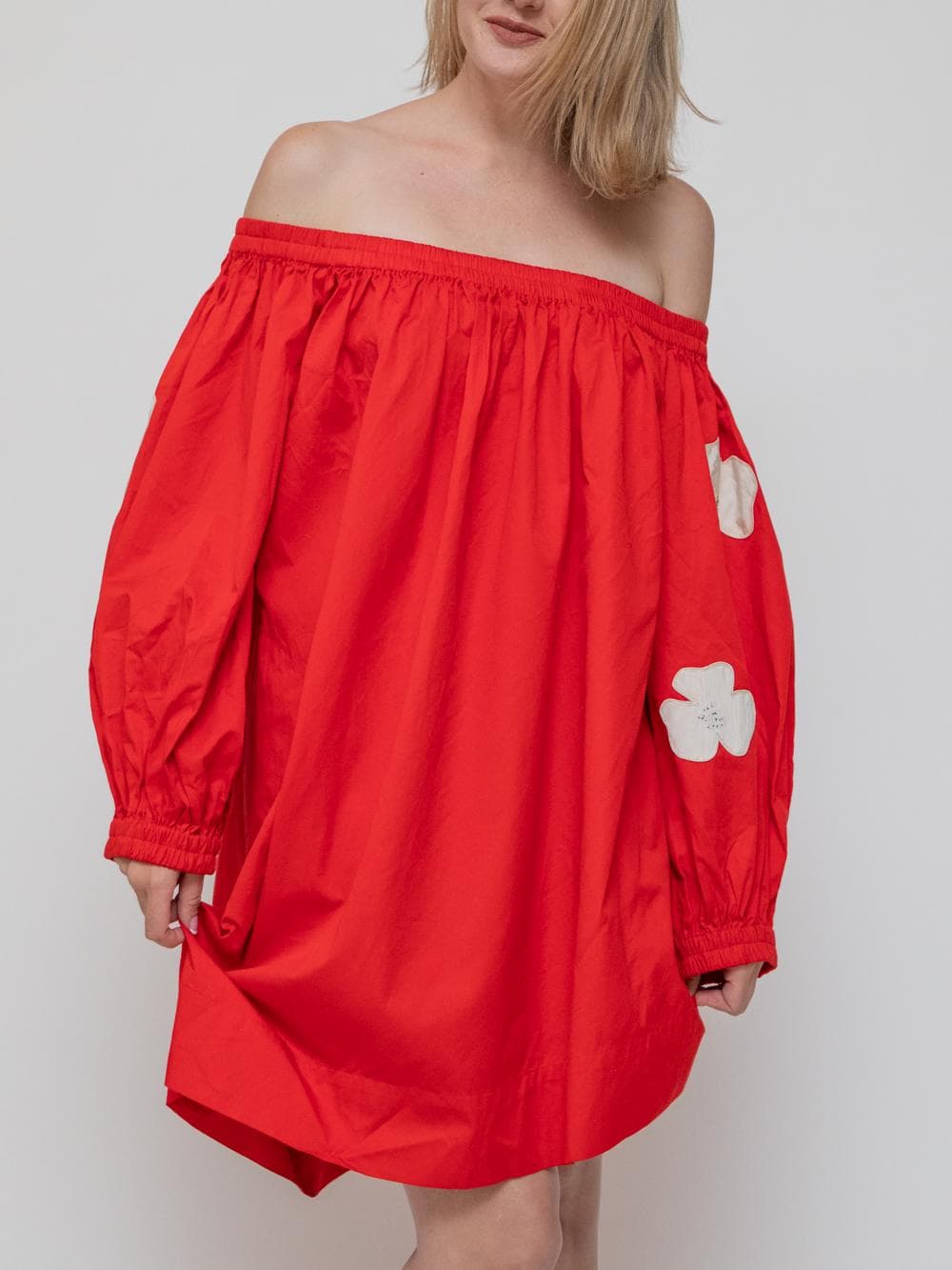 Summer late 80's Rive Gauche red dress with embroidered large white flower graphics on the sleeves with an off the shoulder "Bardot" neckline, mini length - Image 1