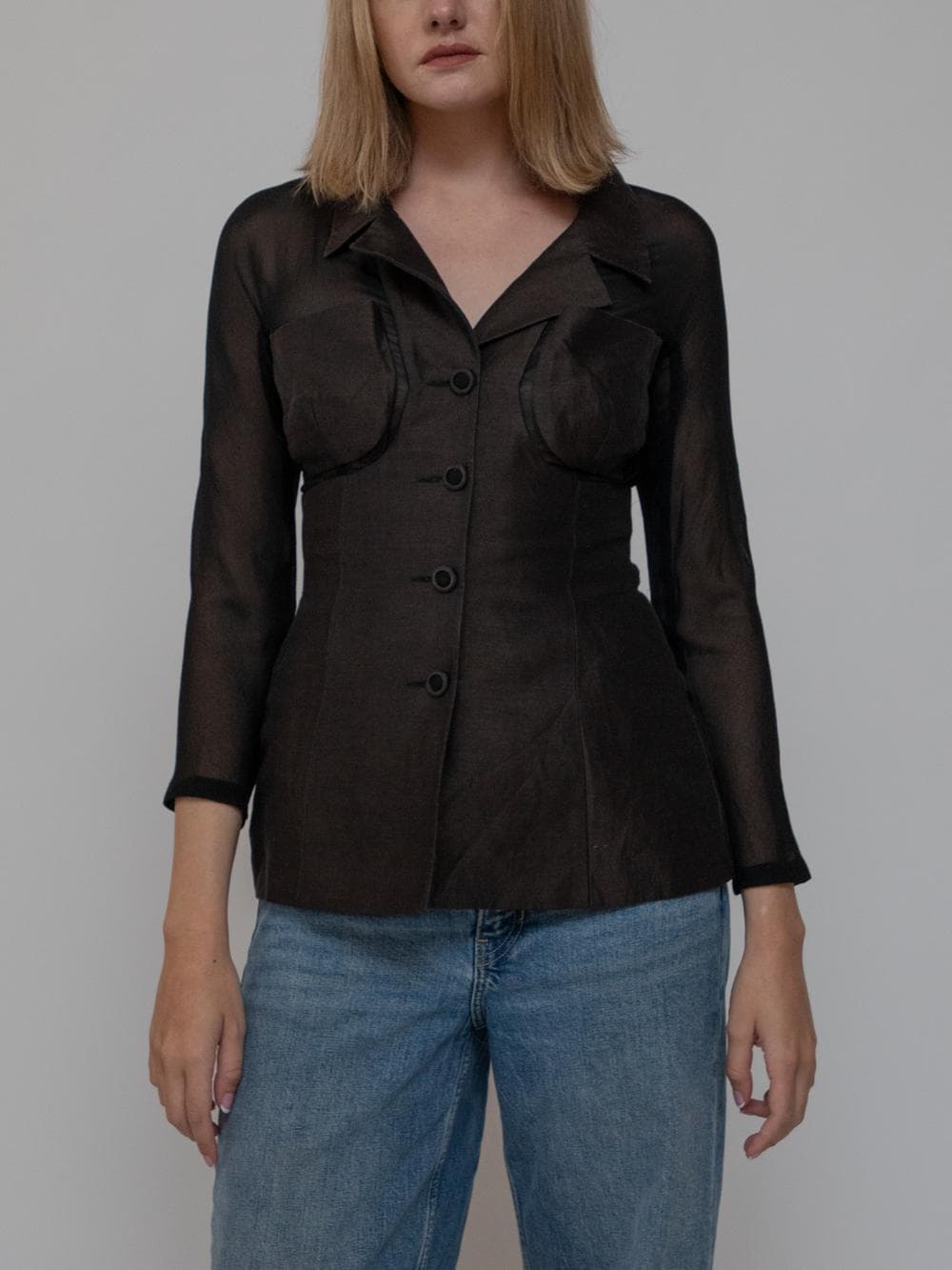 Summer early 90's brown jacket with breast patch pockets, sheer sleeves and shoulders with a notch lapel - Image 1