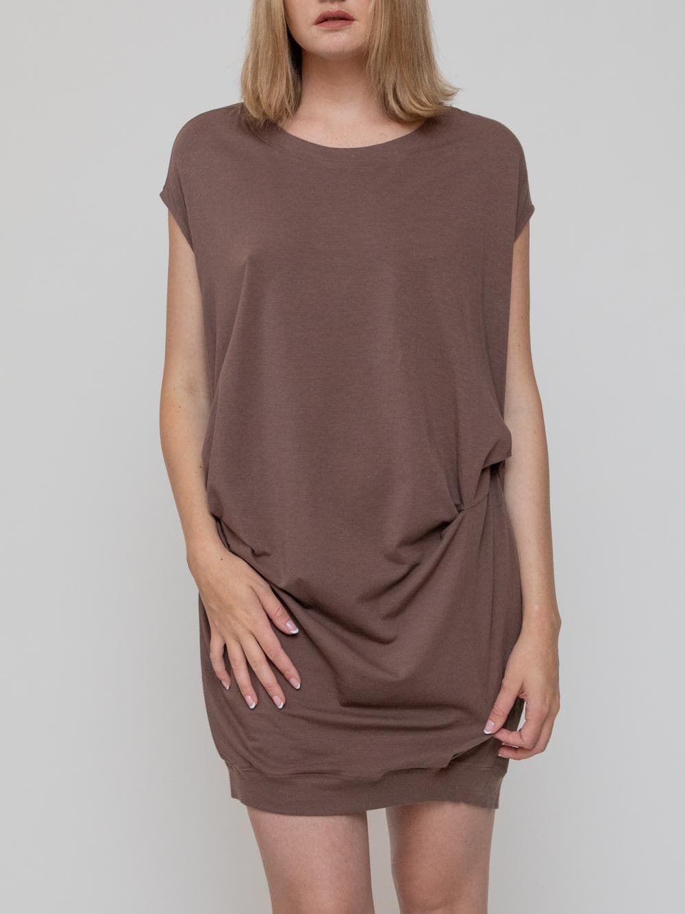 Spring late 90's mauve t-shirt mini dress with an asymmetrical silhouette and a gathered effect at the front waist, sheer back - Image 1