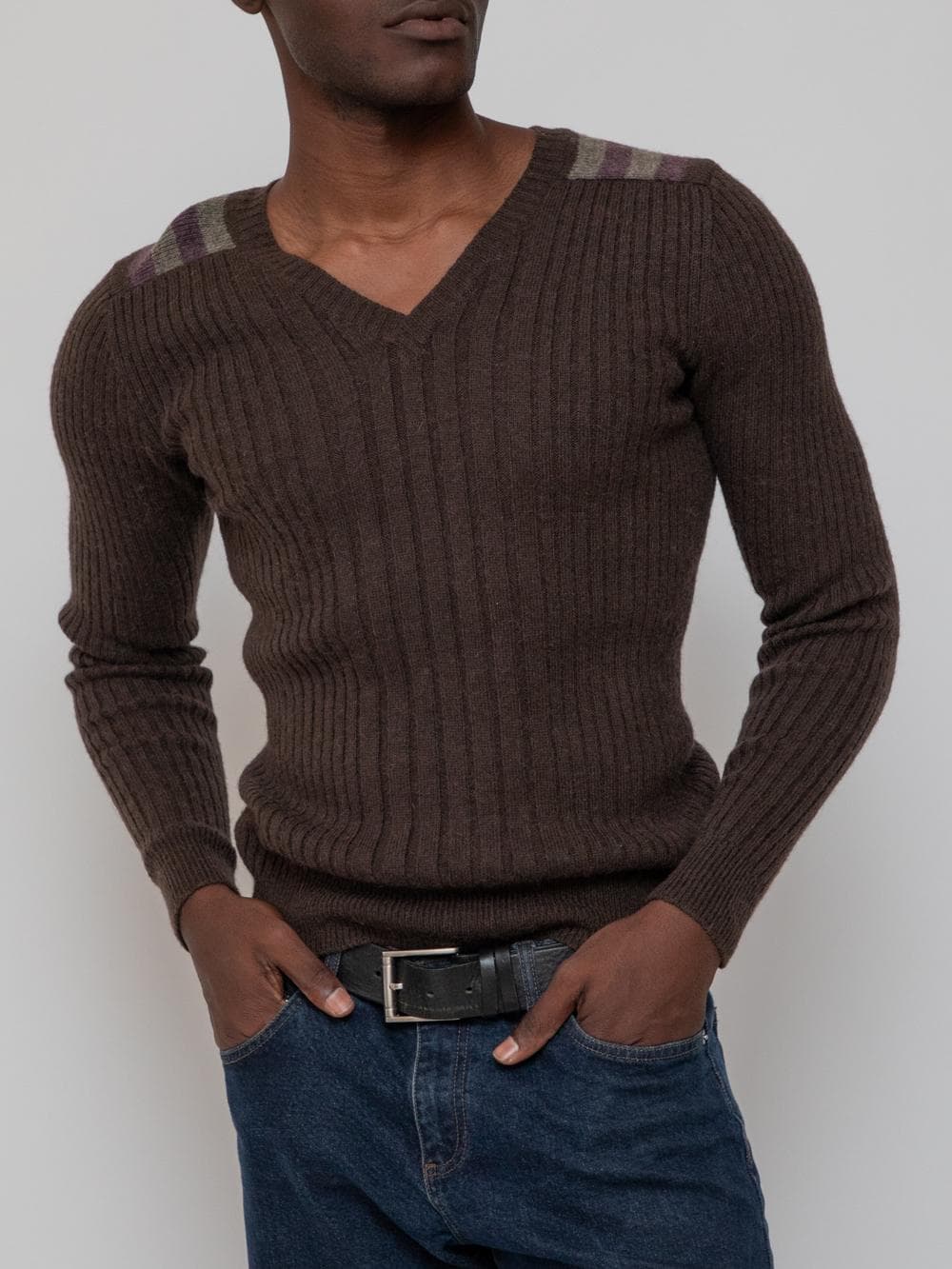 Autumn mid 00's brown v-neck ribbed sweater with striped shoulders and army battalion patch on the back - Image 1