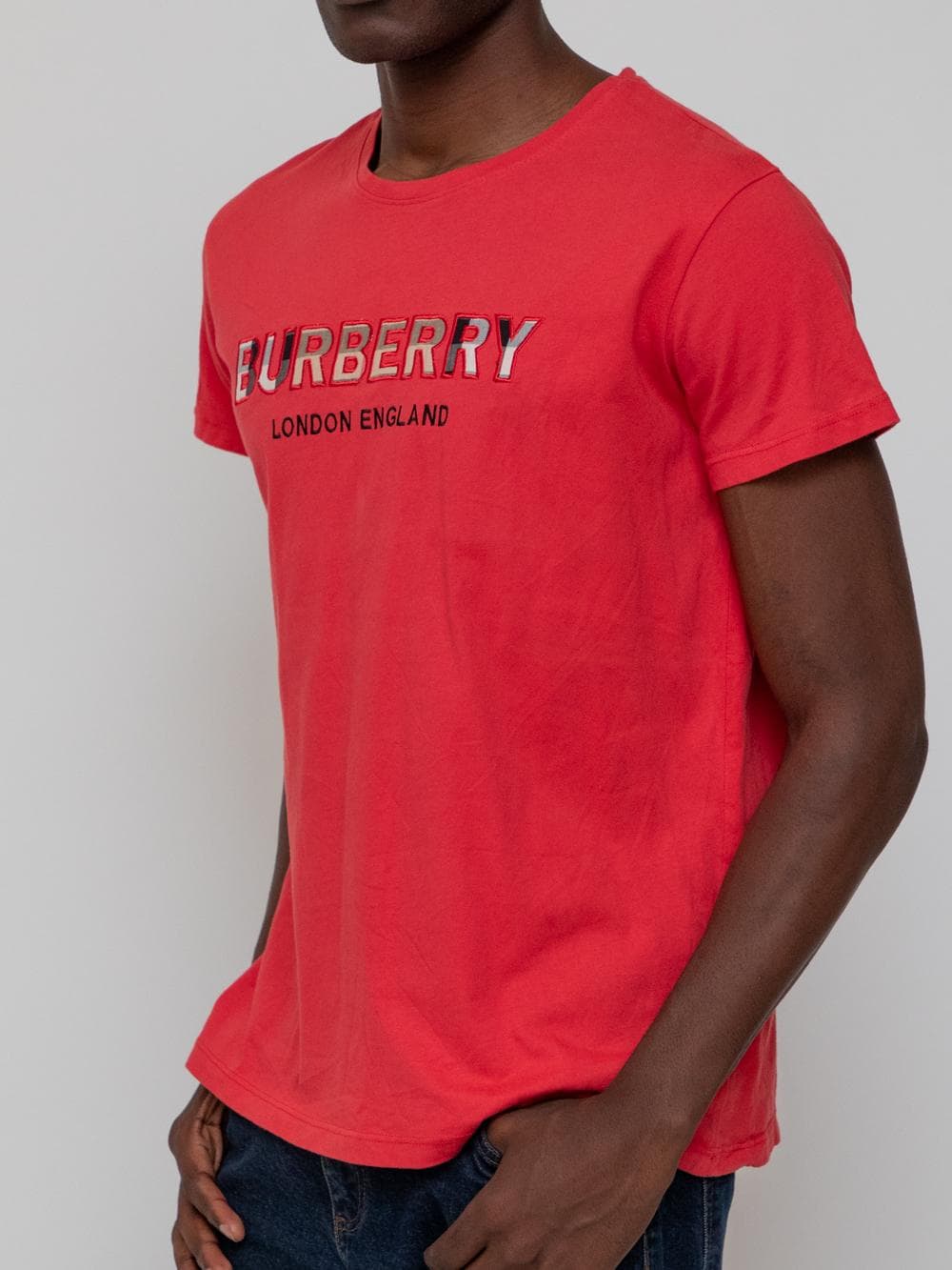 Summer late 10's red t-shirt with embroidered brand containing Burberry check - Image 1