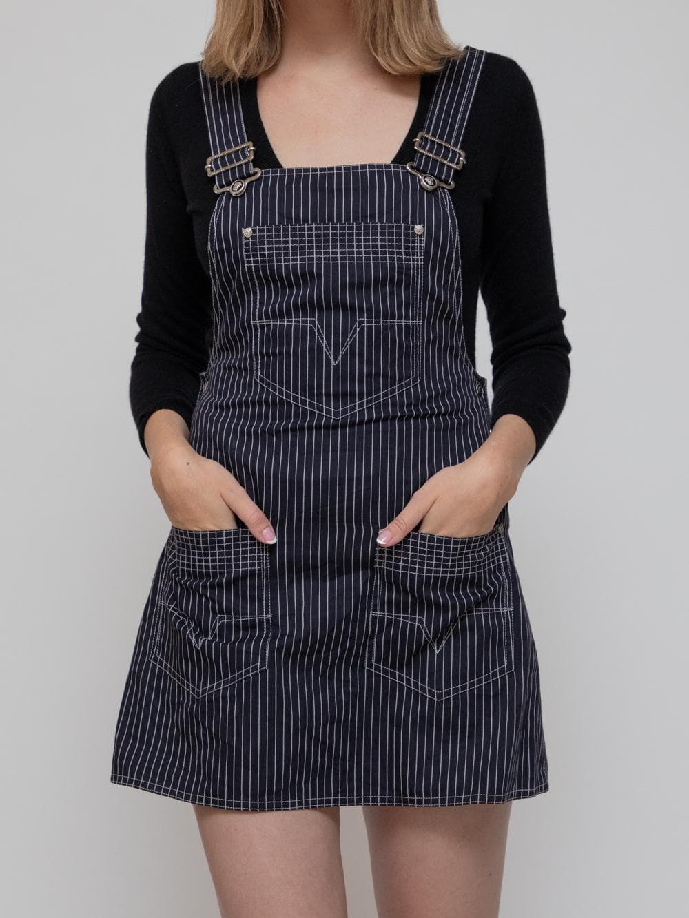 Early 00s navy pinstripe overalls style minidress with large chest pocket and front patch pockets. - Image 1