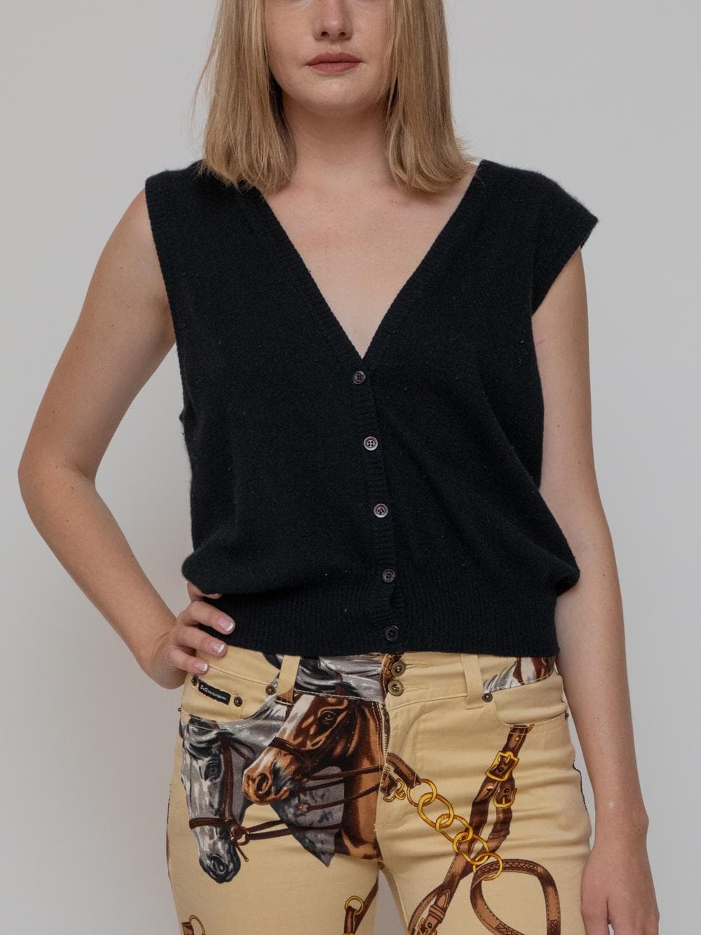 Mid 90s black wool button down vest - Image 1