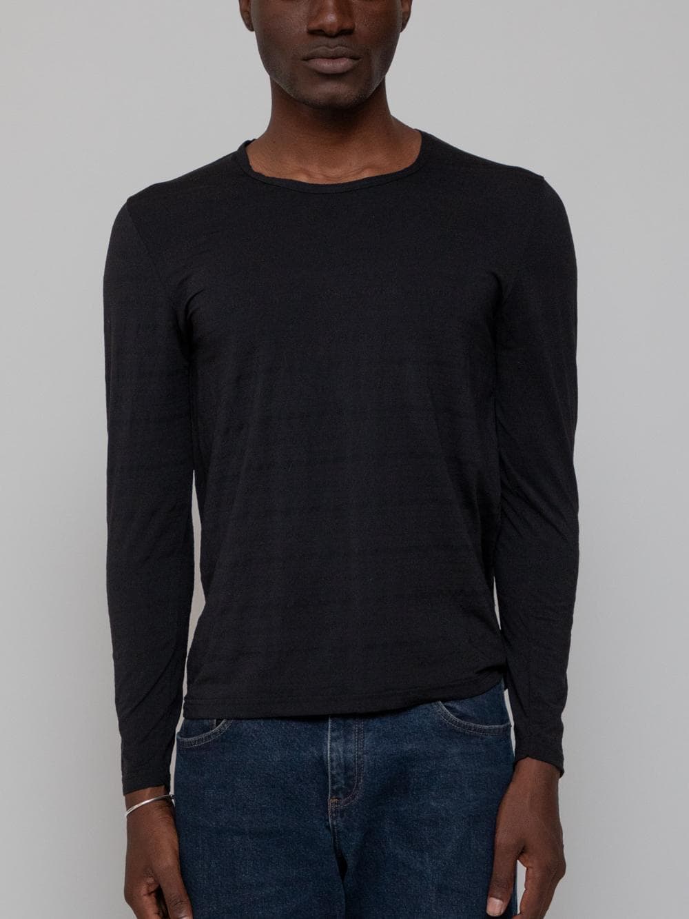 Late 90s long sleeve round neck black top with blind Roberto Cavalli branded horizontal stripes - Image 1
