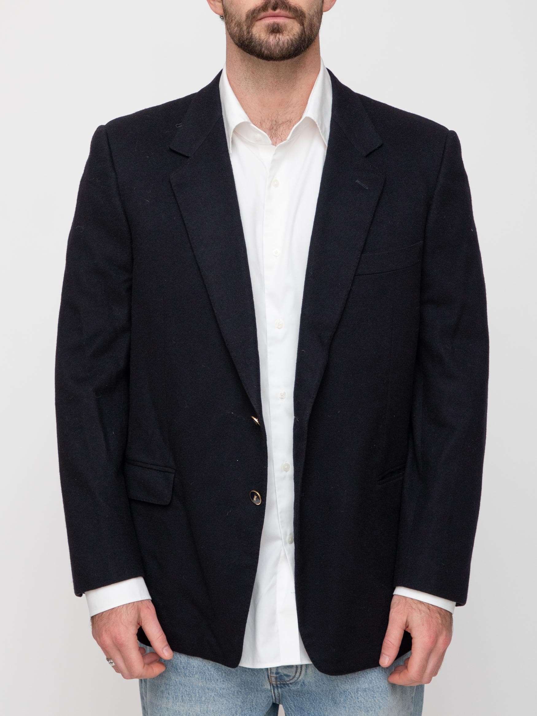 Late 80's worsted wool - lana virgin with silk YSL monogrammed lining, black on black blazer - made in Italy - Image 1