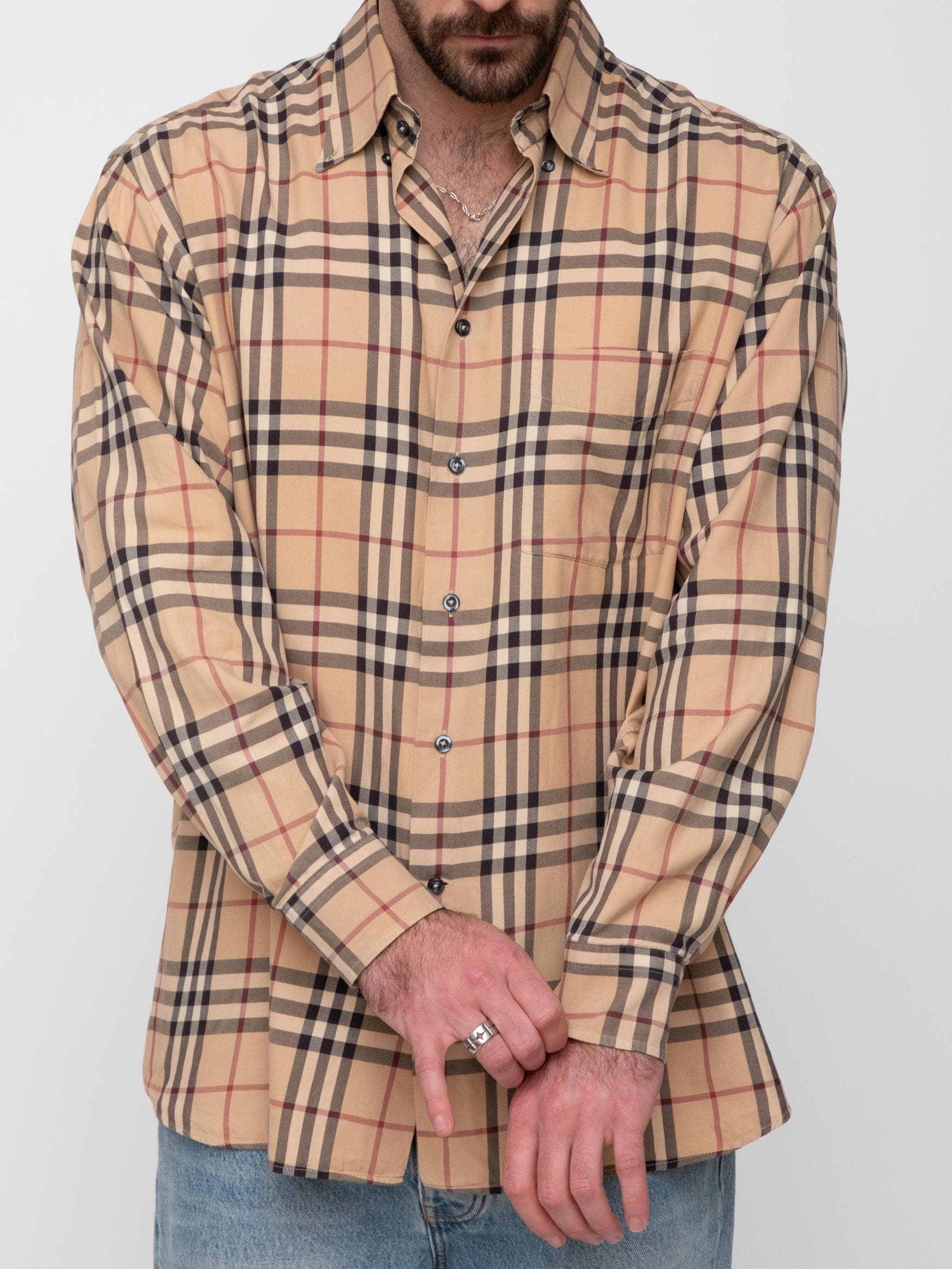 Late 00's Burberry wide burberry tartan button shirt with button collar - Image 1