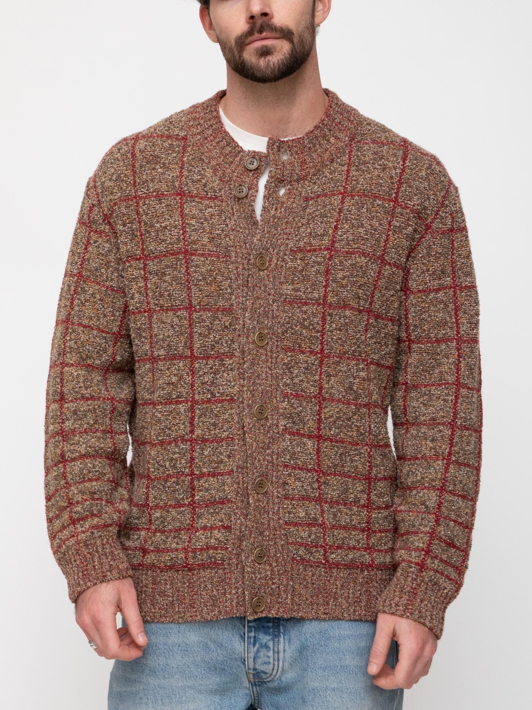 Early 00's Missoni cardigan in a rust red large windowpane check pattern with flecks of brown, with logoed and wood pattern buttons - Image 1