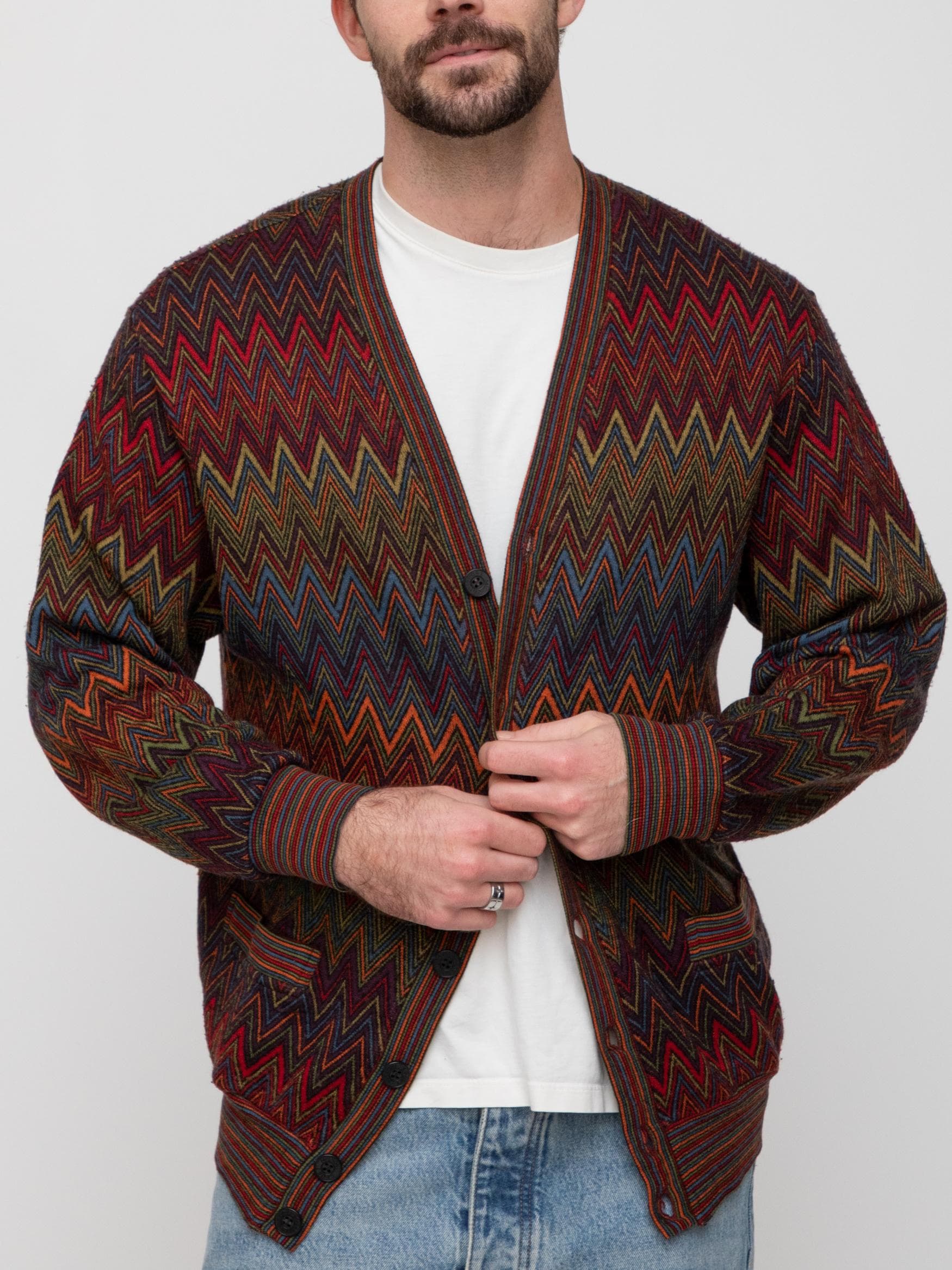 Late 80's mix (red, chartreuse, brown, purple, blue) 50% wool 50% acrylic cardigan in Missoni horizontal zigzag pattern - Image 1