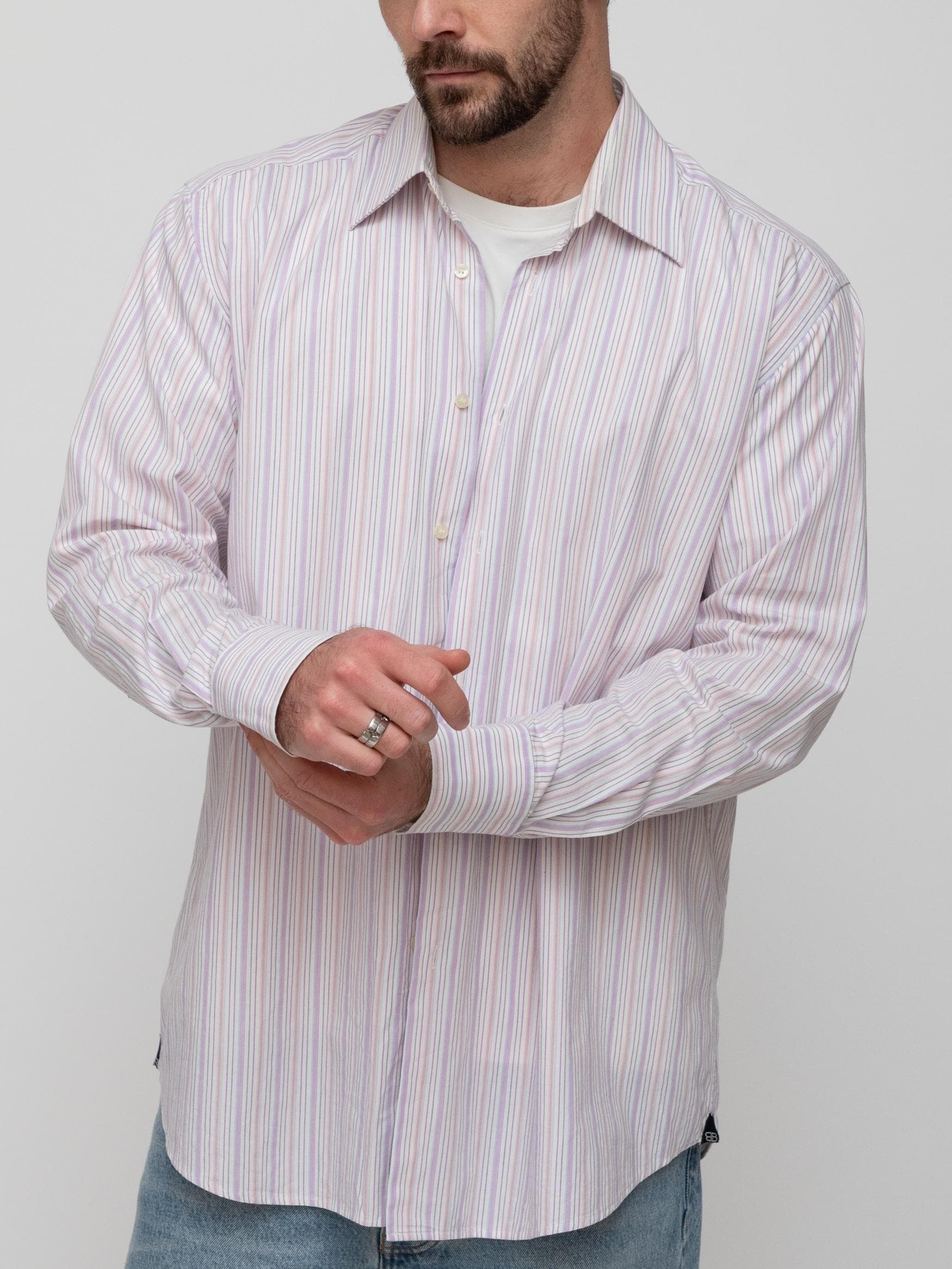 Late 90's 100% cotton purple blue and orange pinstripe button down shirt from Balcienaga - Image 1