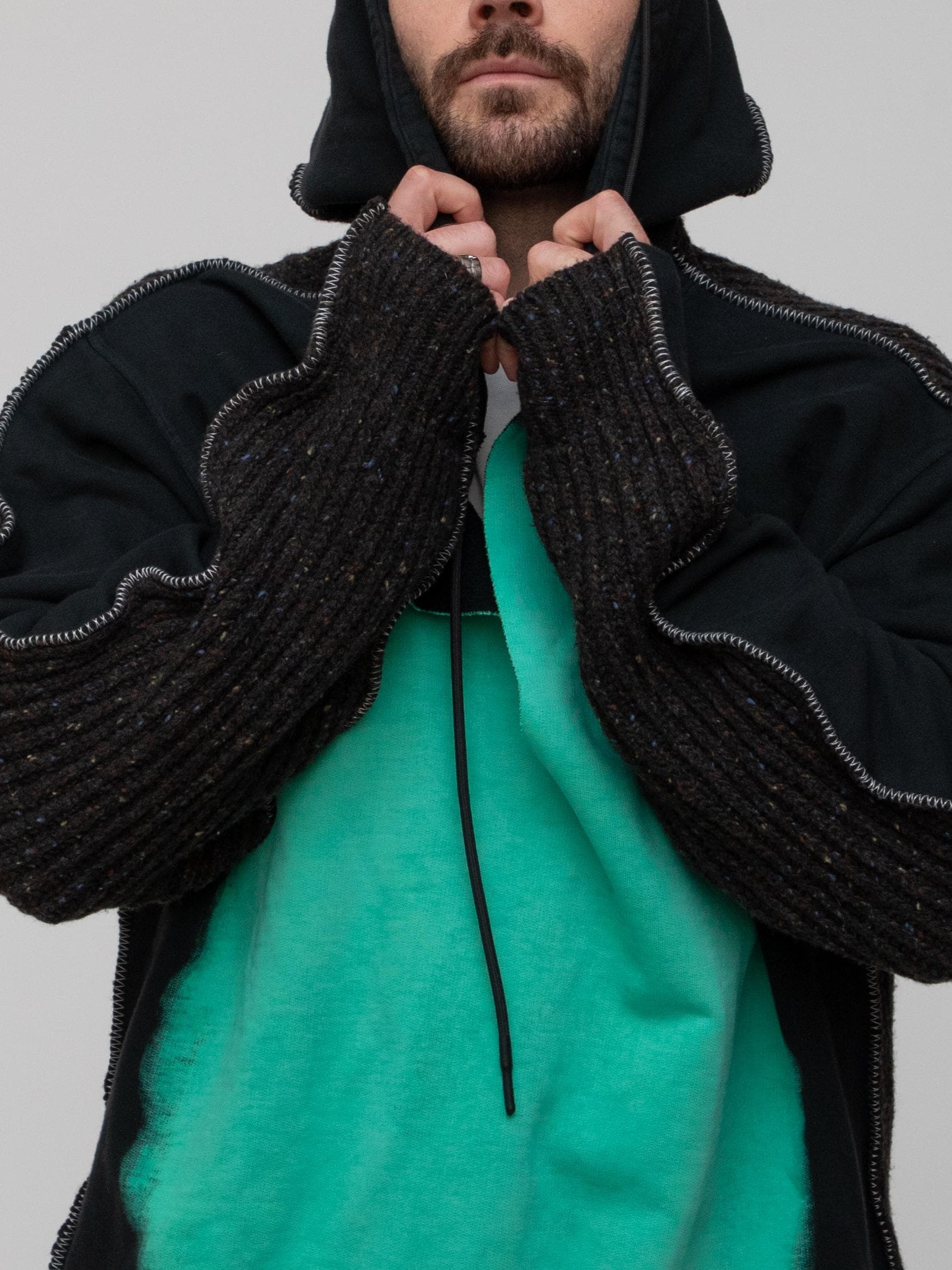 Winter edition mid 00's Marni hoodie in mix (black, teal - baja blast) in mixed material - cotton on the front with cashmere knit on back with contrasting white stitching - Image 1