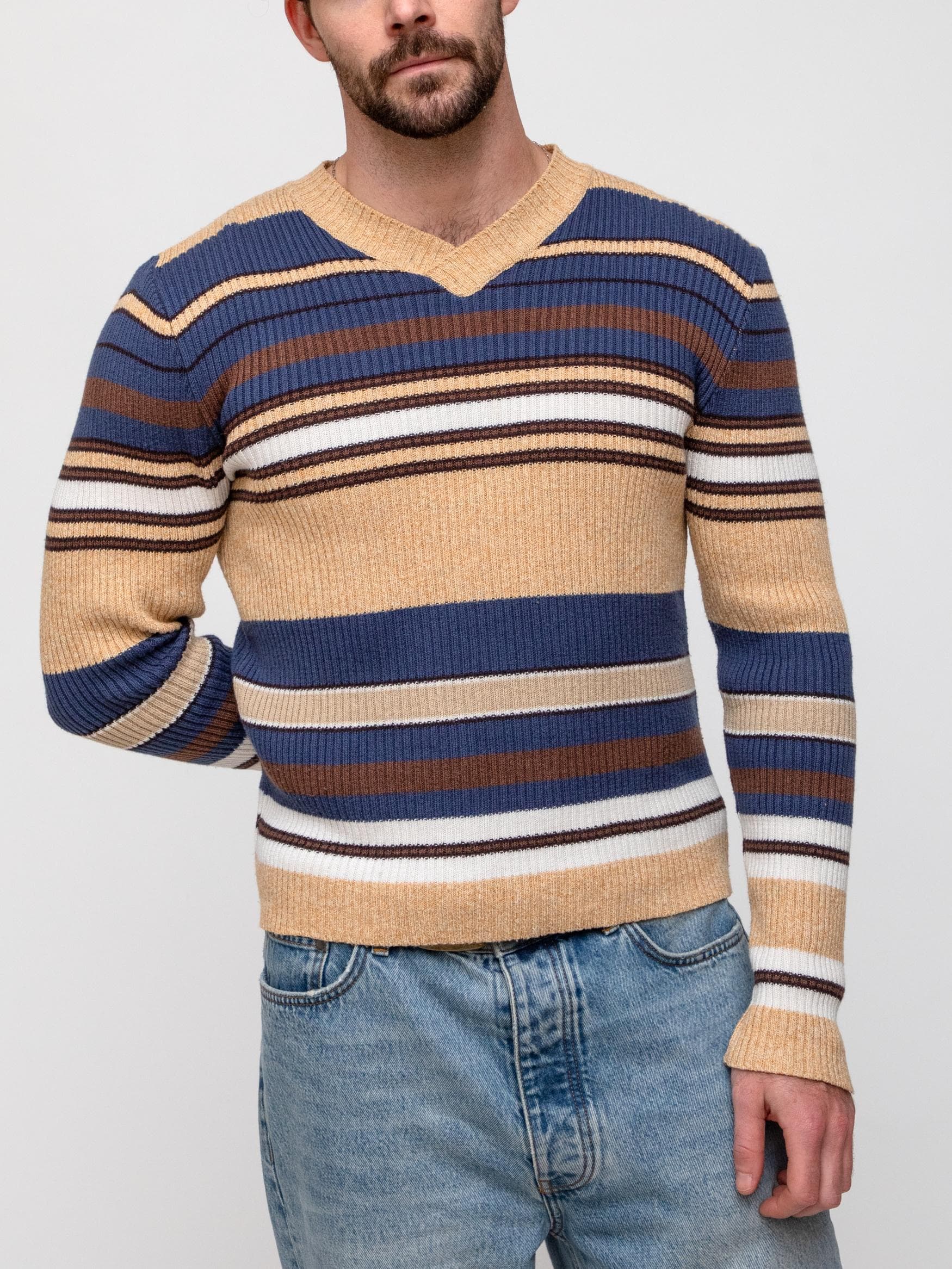 Spring late 90's D&G V neck ribbed sweater in mix horizontal striping - 70's inspired, Cotton/acrylic/linen - made in Italy - Image 1