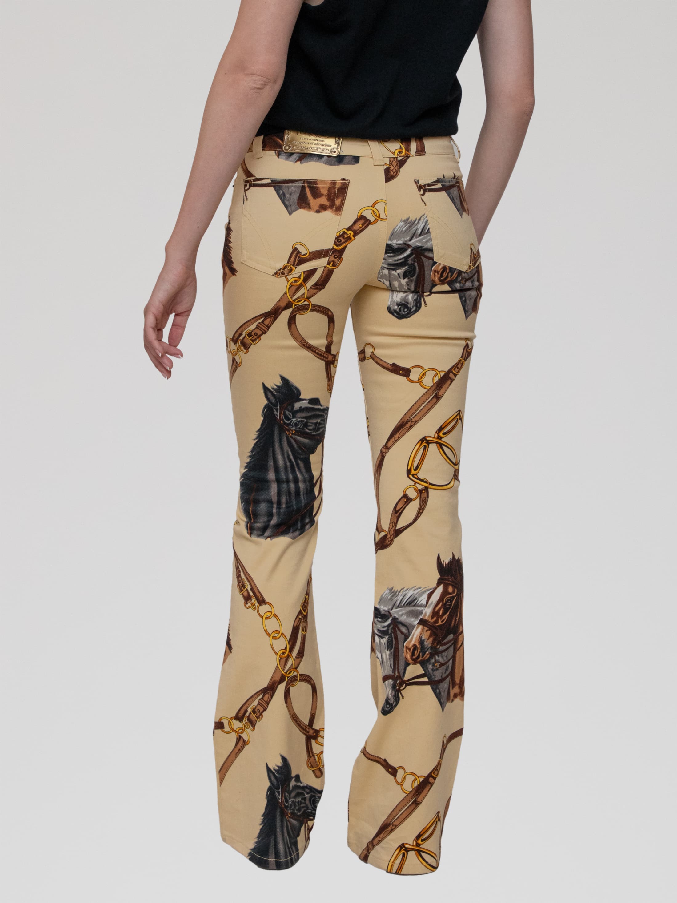 Early 00s cream with equestrian print flared bottom cotton pants - Image 1
