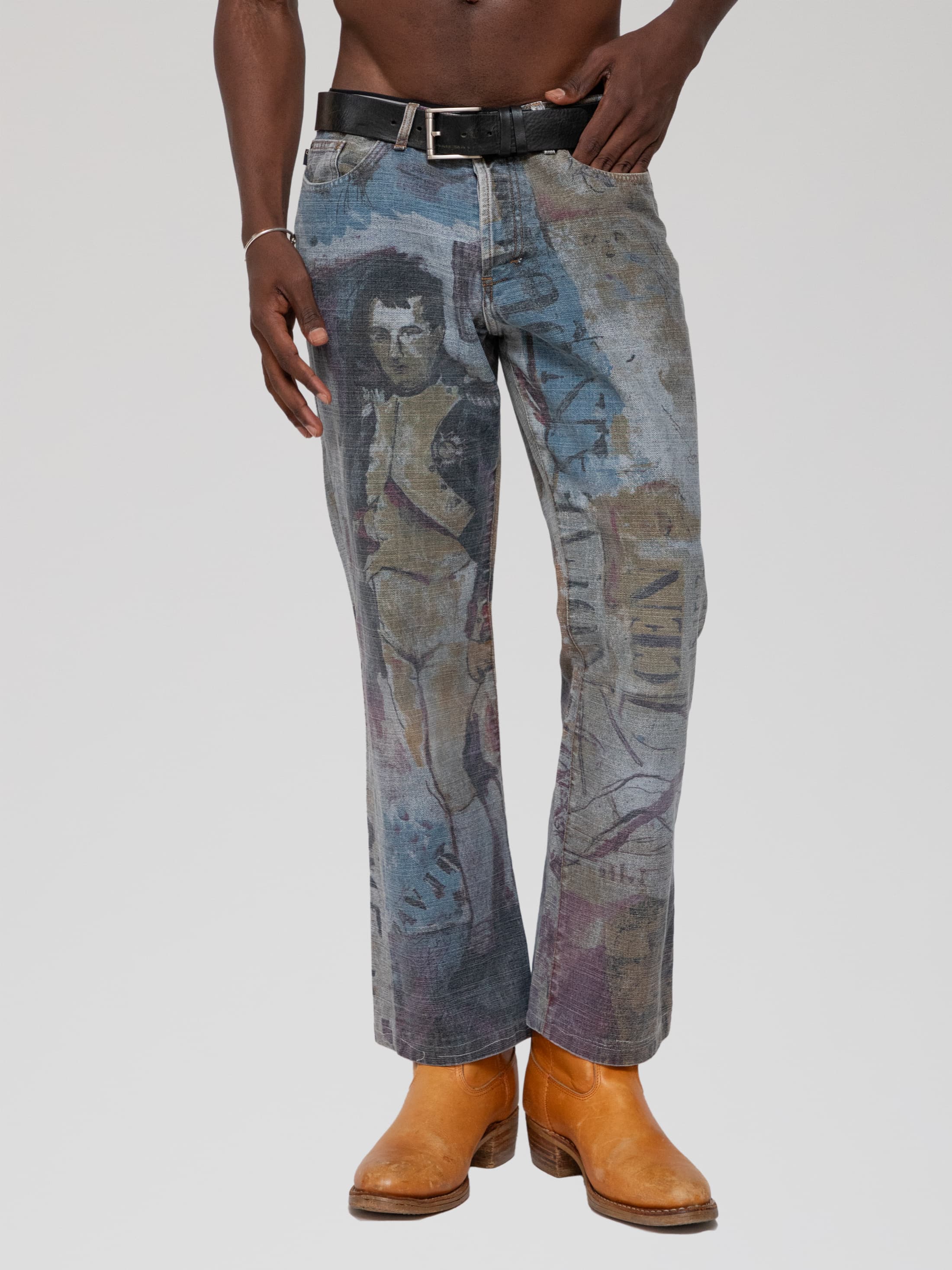 Autumn early 00's Napoleon Bonaparte print light wash denim in bootcut style - archival - Image 1