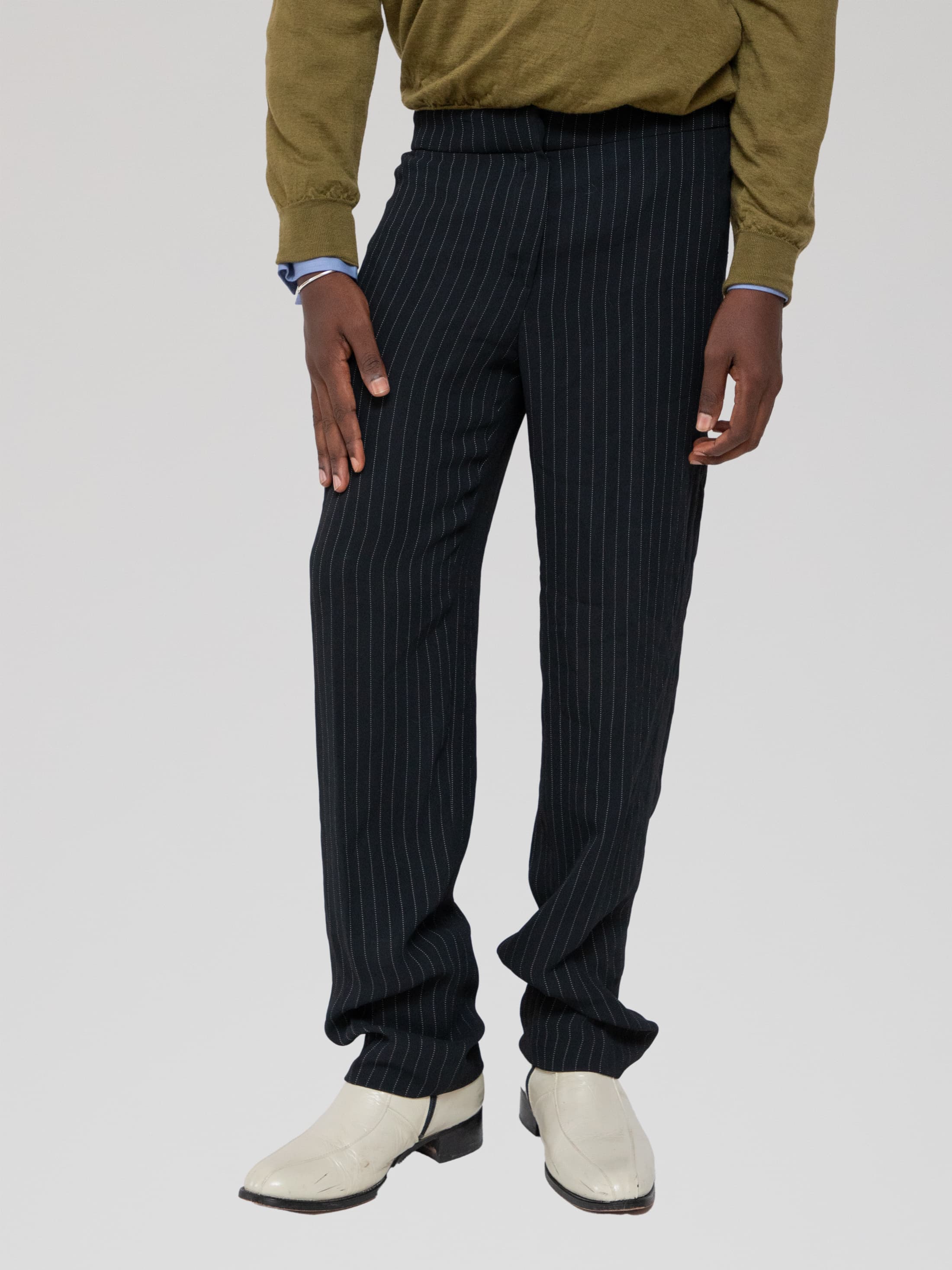Summer Mid 00's Black pinstripe suiting trousers with - Image 1