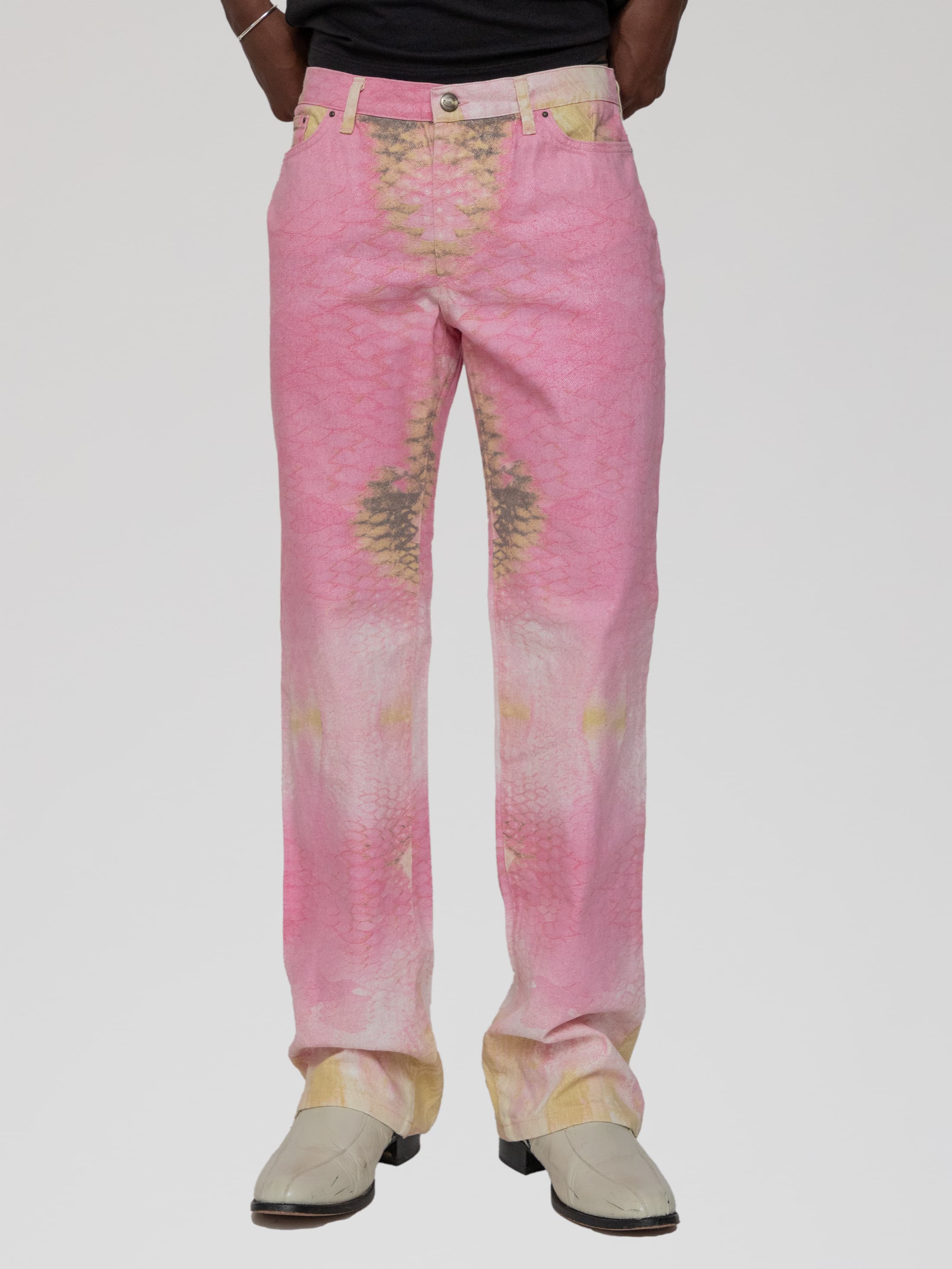 Spring/Summer 01 pink snakeskin and bee print jeans, archival - Image 1