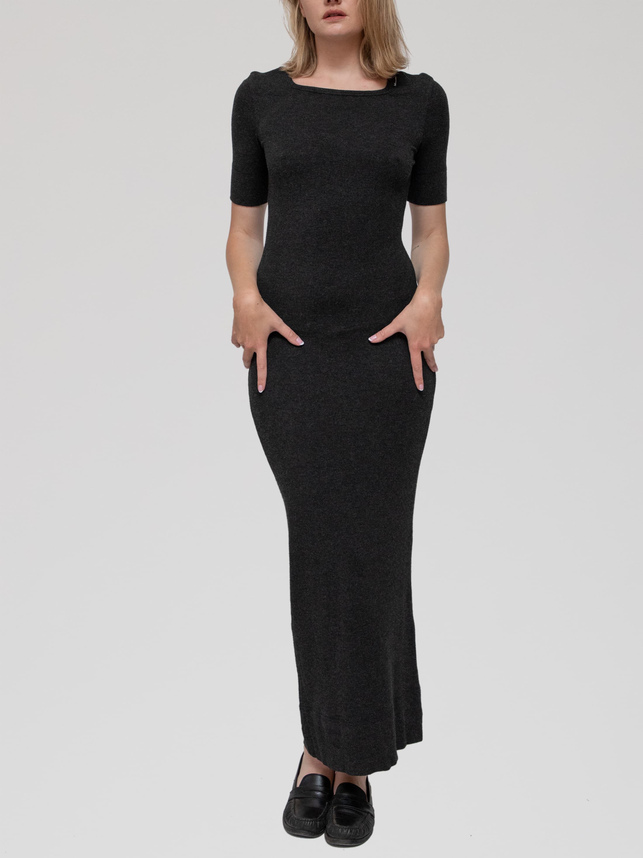 Spring late 90's dark heather grey square neck t-shirt bodycon maxi dress with D&G Dolce & Gabbana tag on the neckline - Image 1