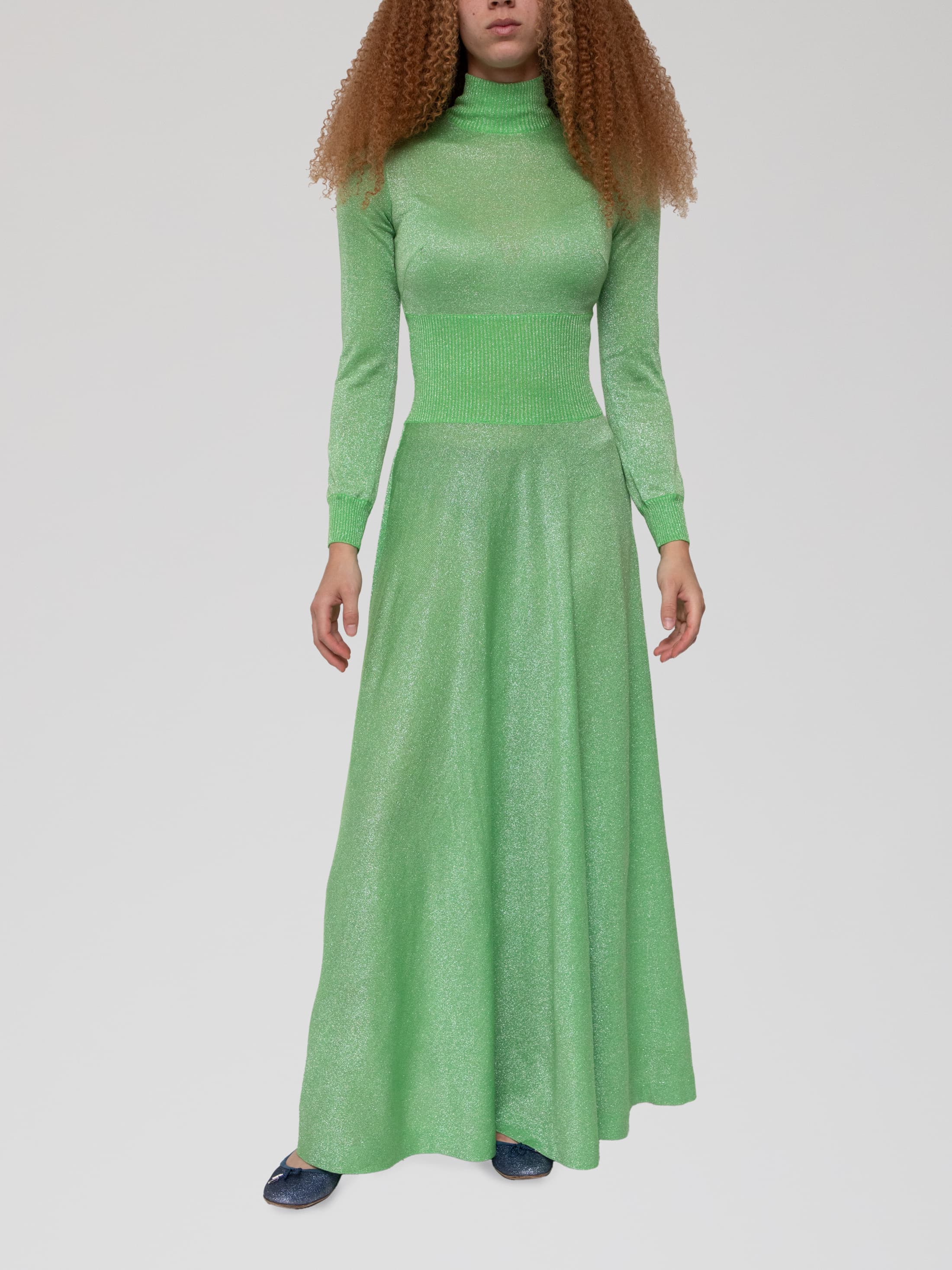 Autumn early 70's maxi dress with long sleeves and ribbed cuffs, and ribbed mock neck - green with metallic yarn - archival - Image 1