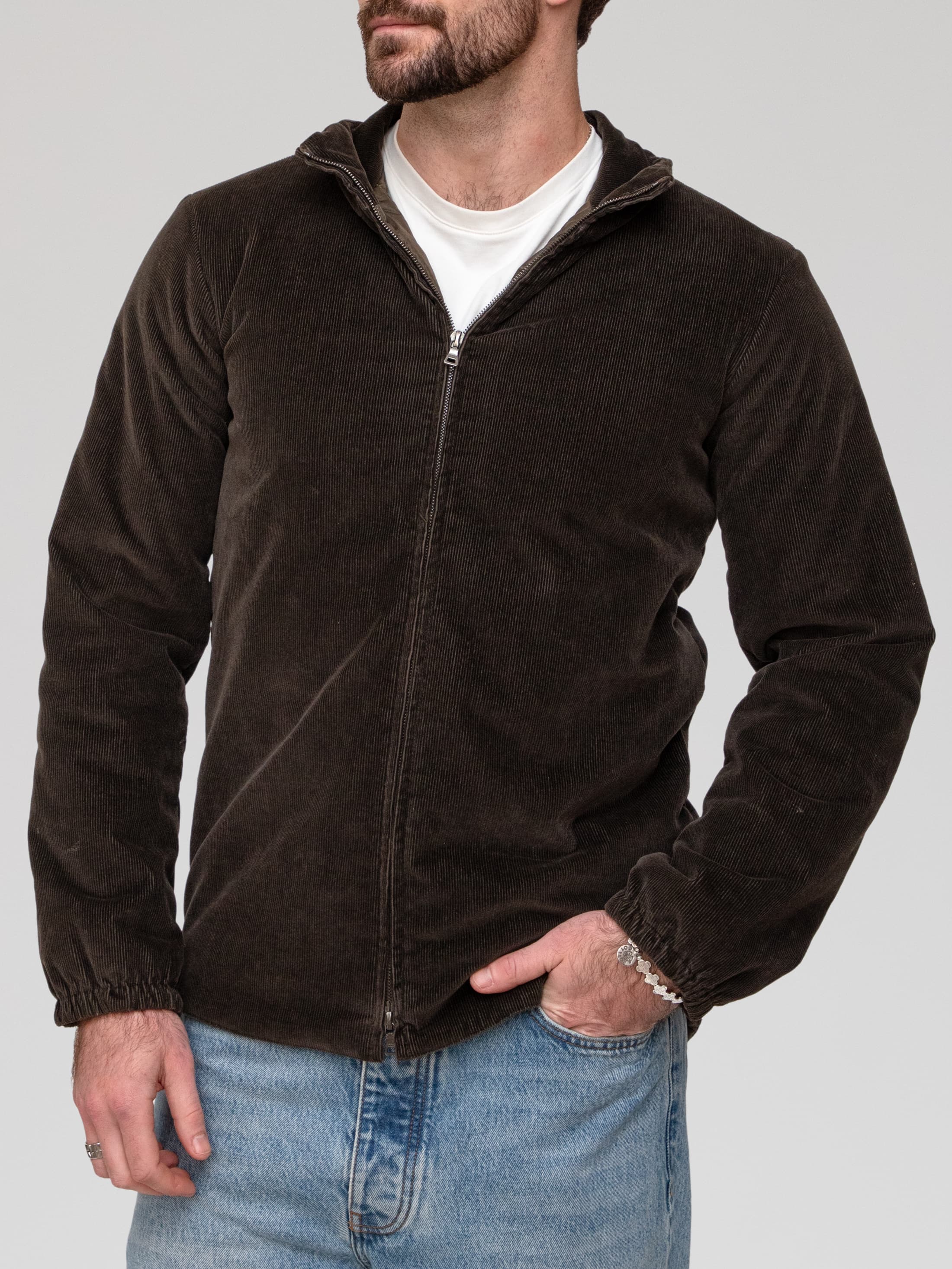 Winter 99 brown corduroy double zip jacket with quilted down interior lining with mock neck with red leather prada sleeve tag - Image 1