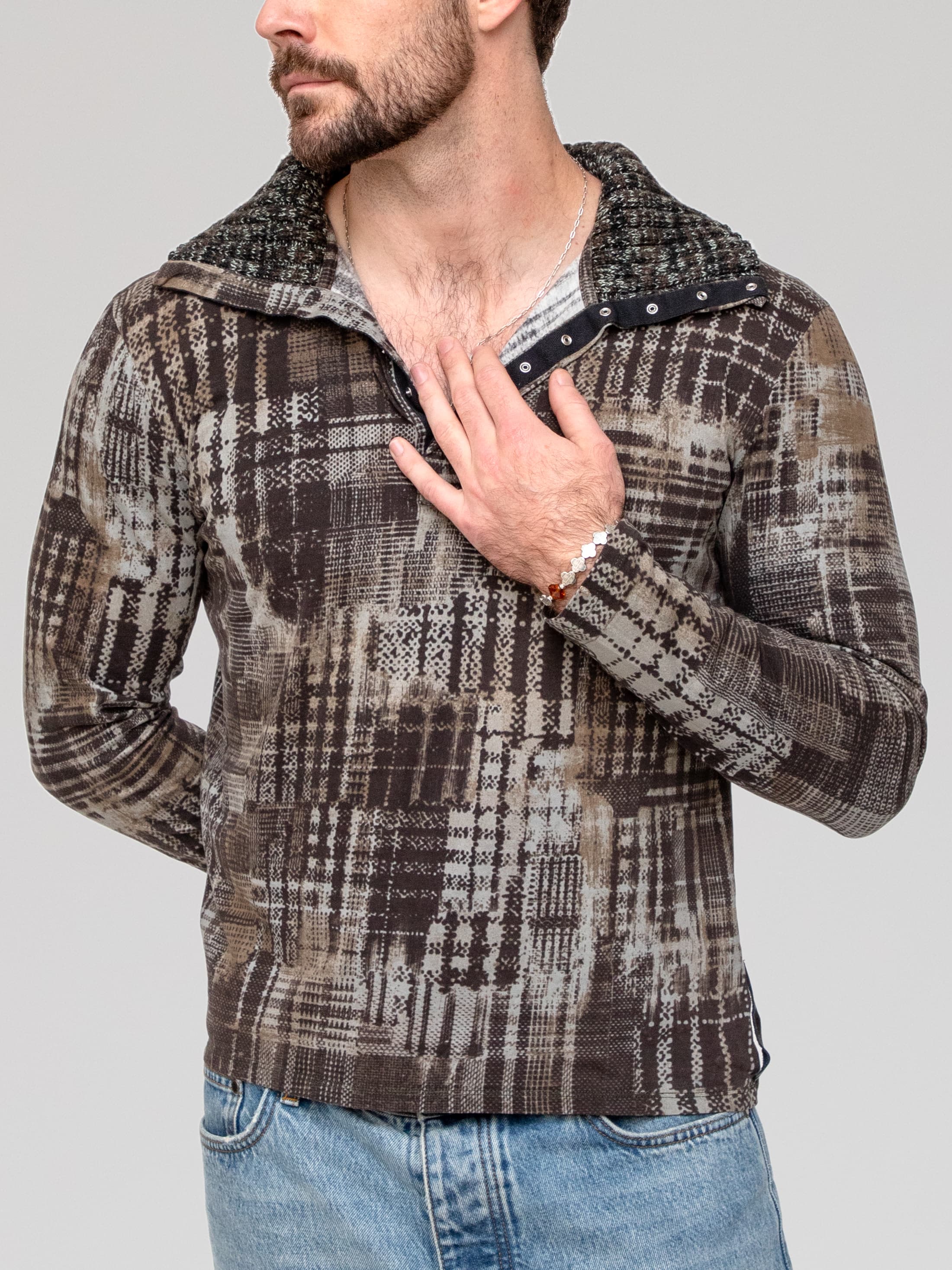 Autumn early 00's button snap turtle neck in digital brown camo print with ribbed lana virgin wool collar and 100% cotton body - Image 1